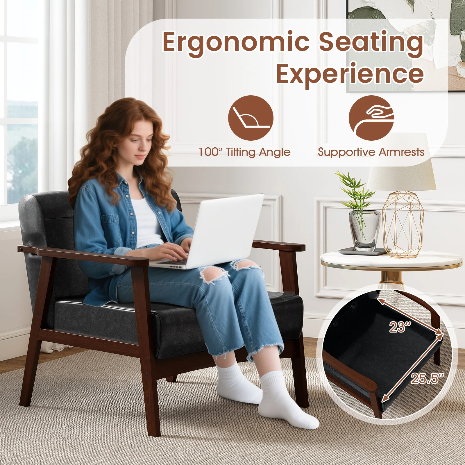 Rubber Wood Frame Accent Chair, With Armrest, Black - Image 7