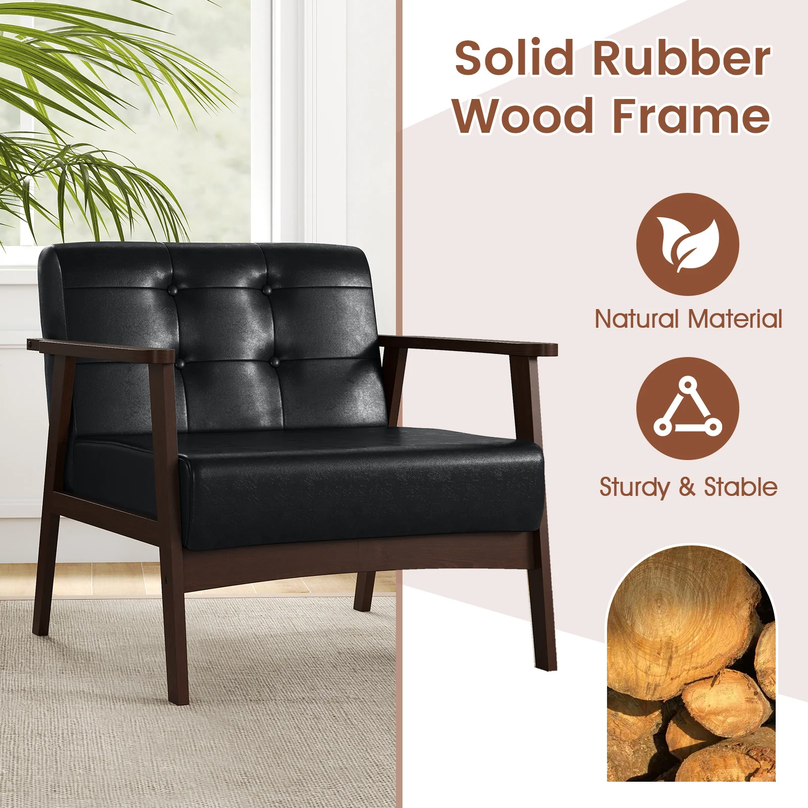 Rubber Wood Frame Accent Chair, With Armrest, Black - Image 8