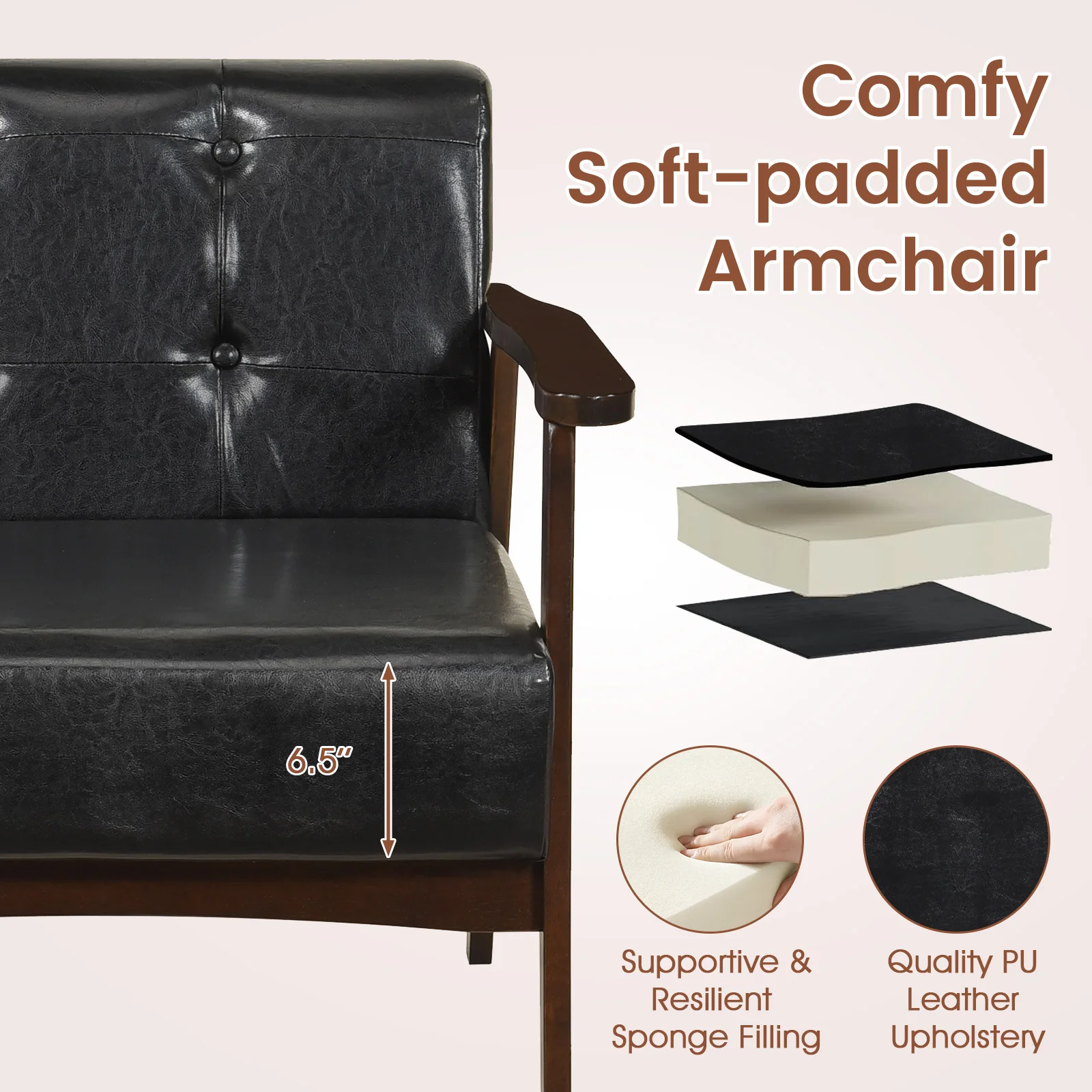 Rubber Wood Frame Accent Chair, With Armrest, Black - Image 9