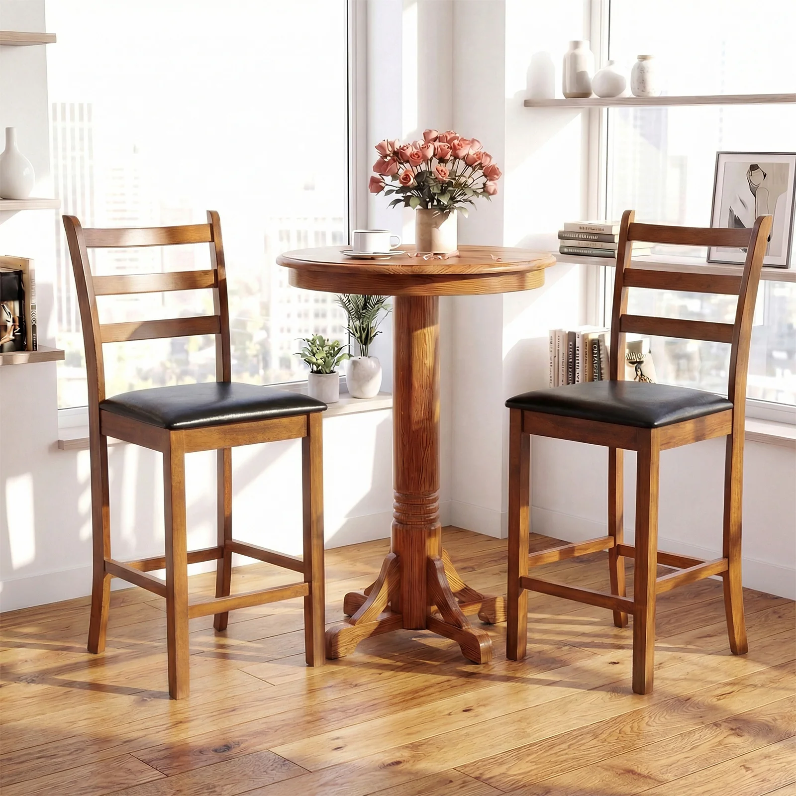 Rubber Wood Ladder Back Bar Stools, 24 Inch, Set of 2, Walnut - Image 2
