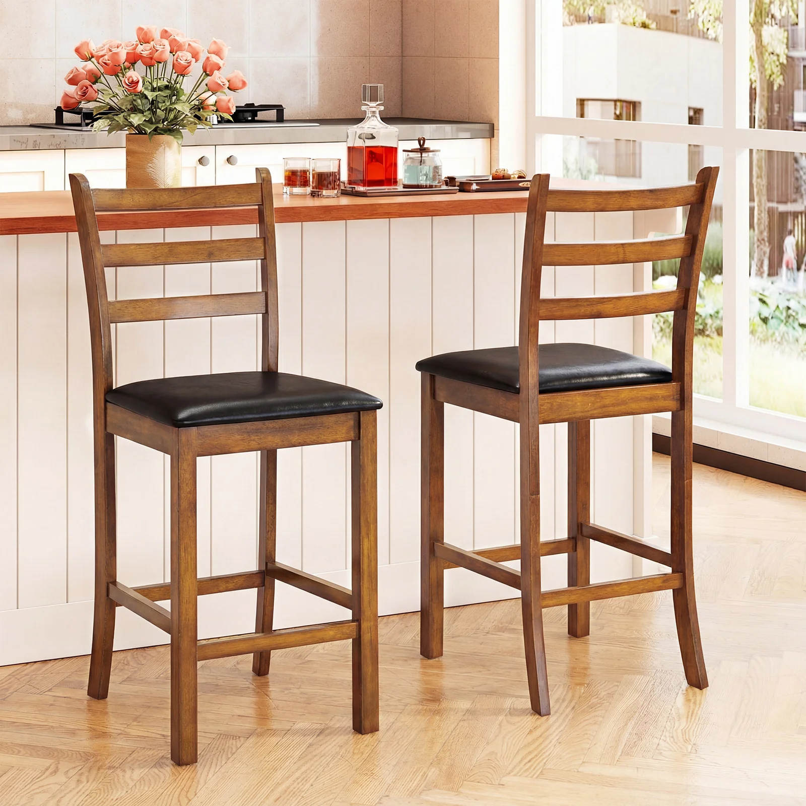 Rubber Wood Ladder Back Bar Stools, 24 Inch, Set of 2, Walnut - Image 3