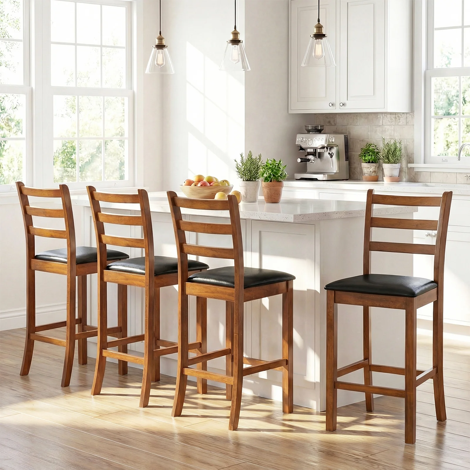 Rubber Wood Ladder Back Bar Stools, 24 Inch, Set of 2, Walnut - Image 5