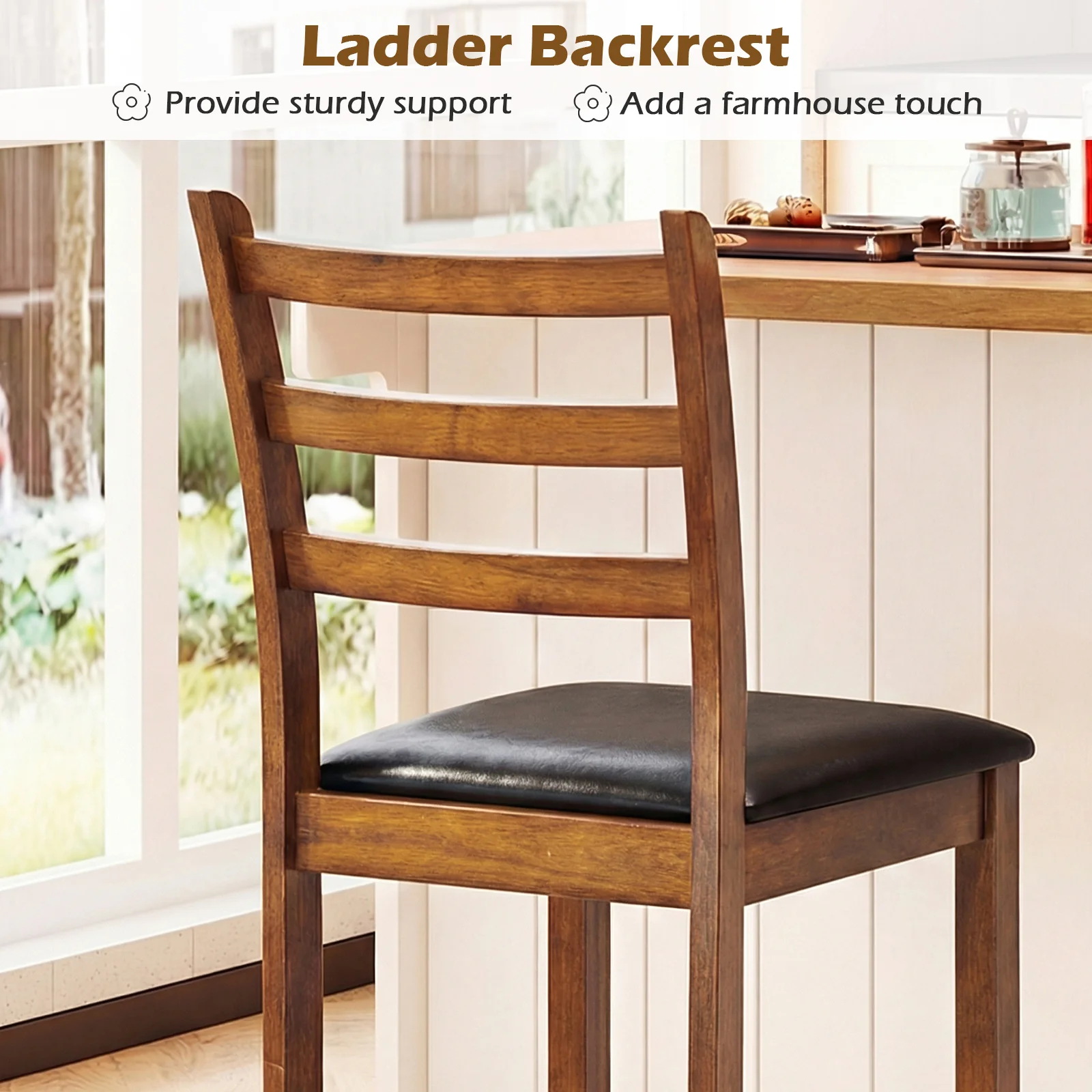 Rubber Wood Ladder Back Bar Stools, 24 Inch, Set of 2, Walnut - Image 6