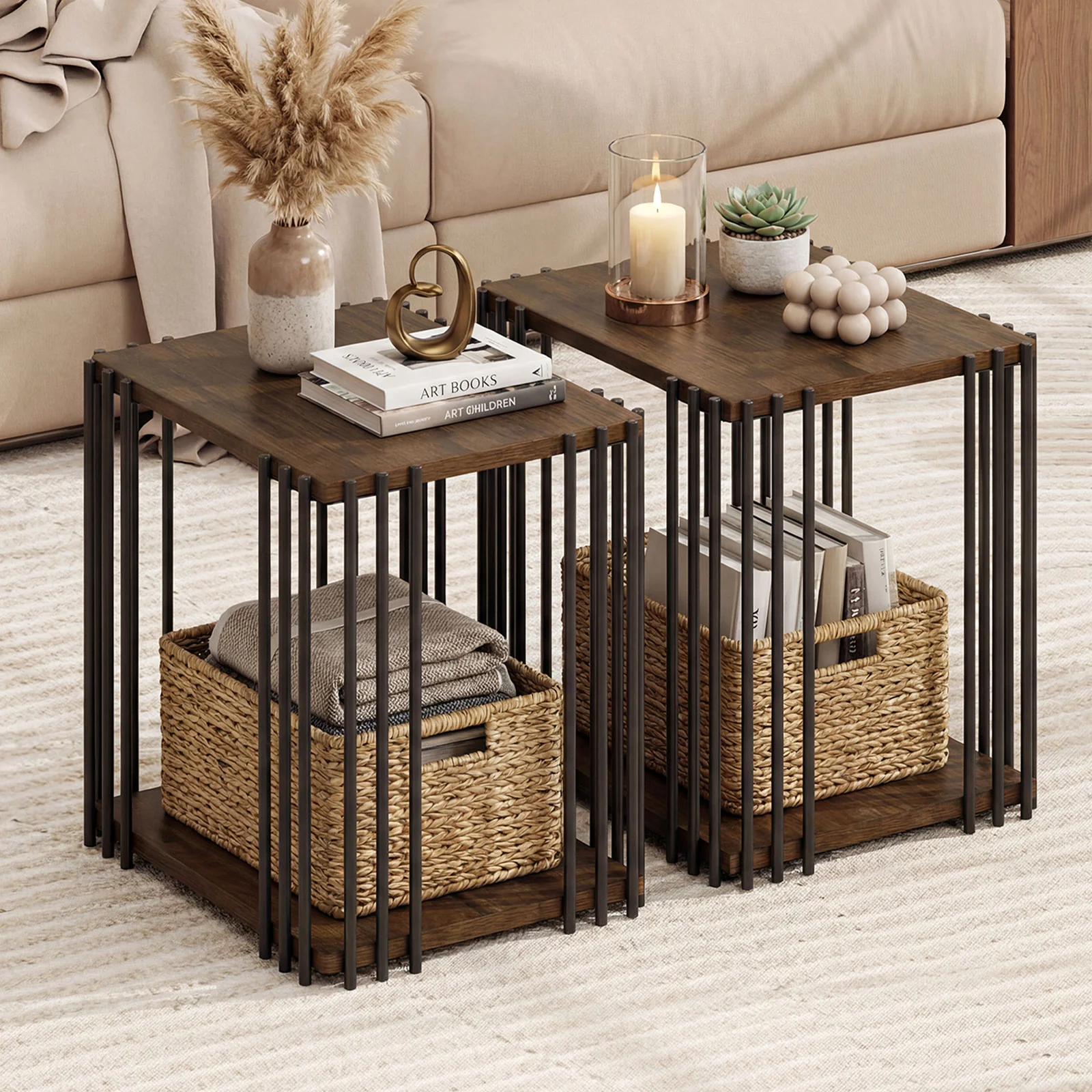 Rubber Wood Side Table Set of 2 with 2-Layer Storage Shelves and Metal Frame, Walnut - Image 3