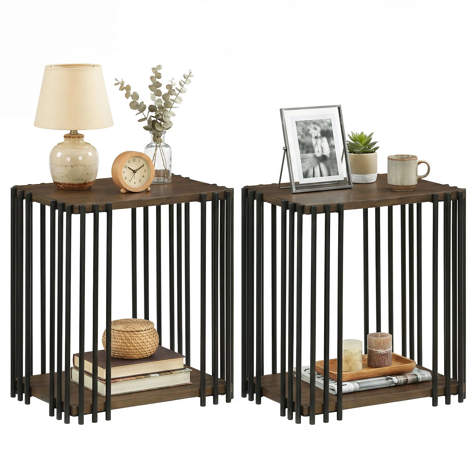 Rubber Wood Side Table Set of 2 with 2-Layer Storage Shelves and Metal Frame, Walnut - Image 5