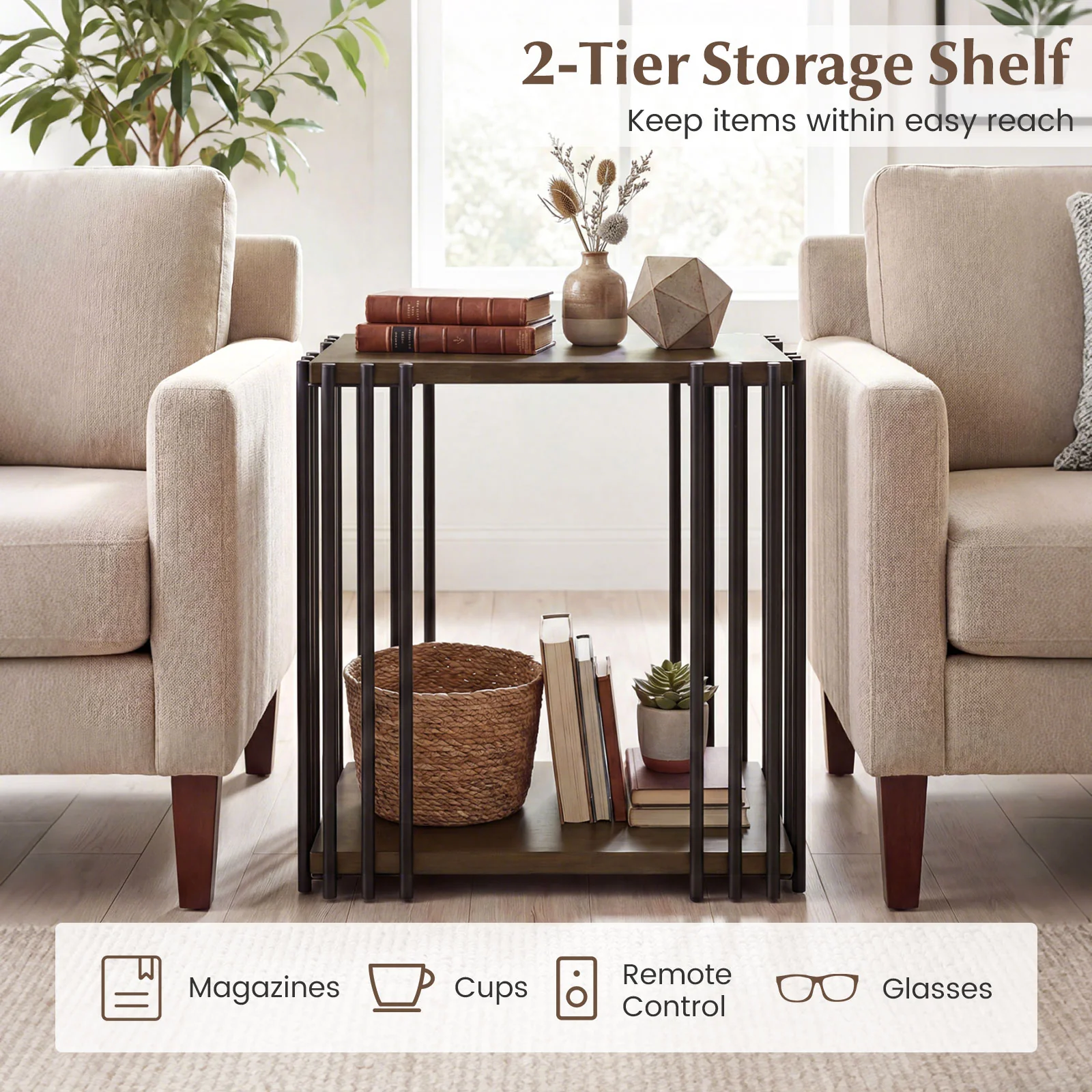 Rubber Wood Side Table Set of 2 with 2-Layer Storage Shelves and Metal Frame, Walnut - Image 7