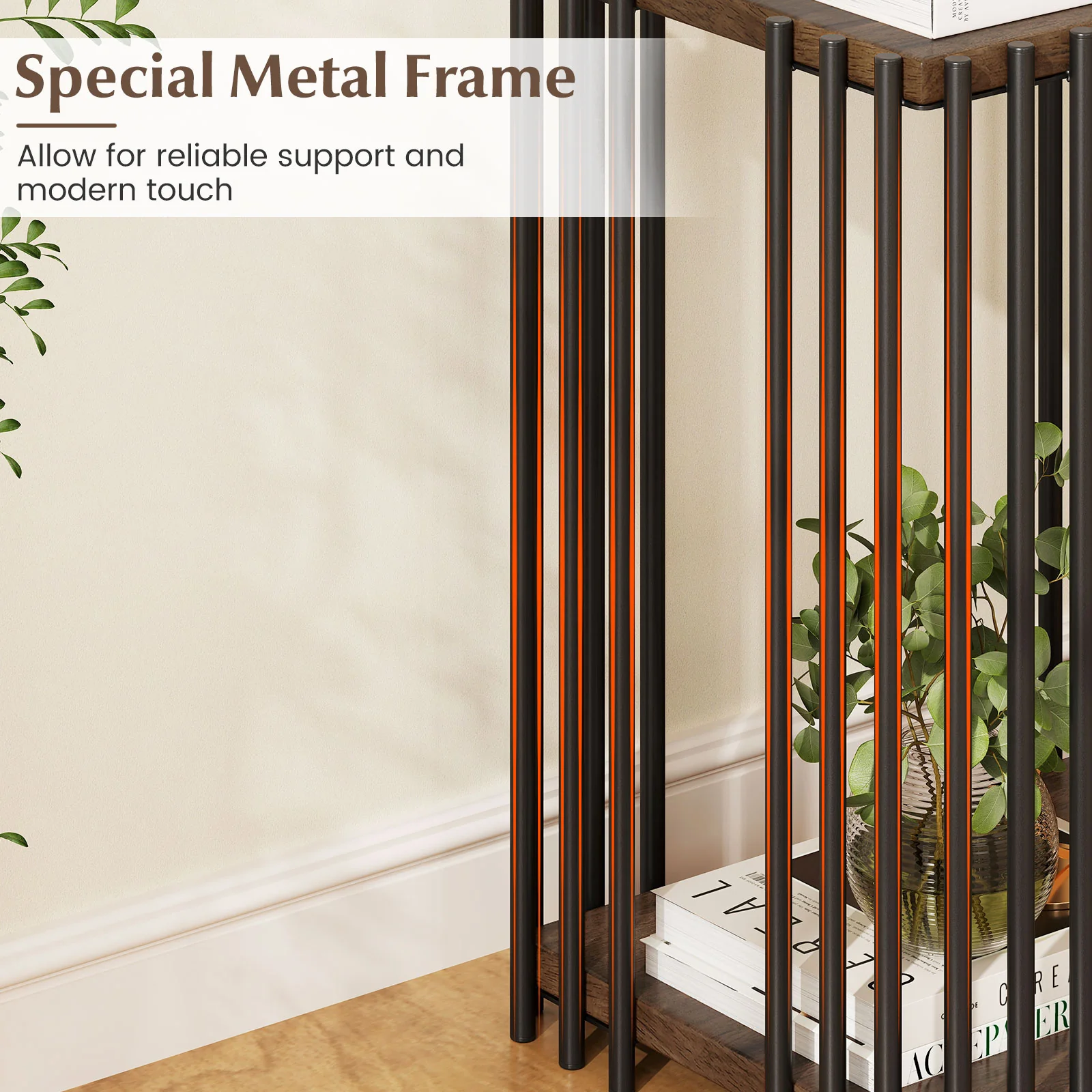 Rubber Wood Side Table Set of 2 with 2-Layer Storage Shelves and Metal Frame, Walnut - Image 9