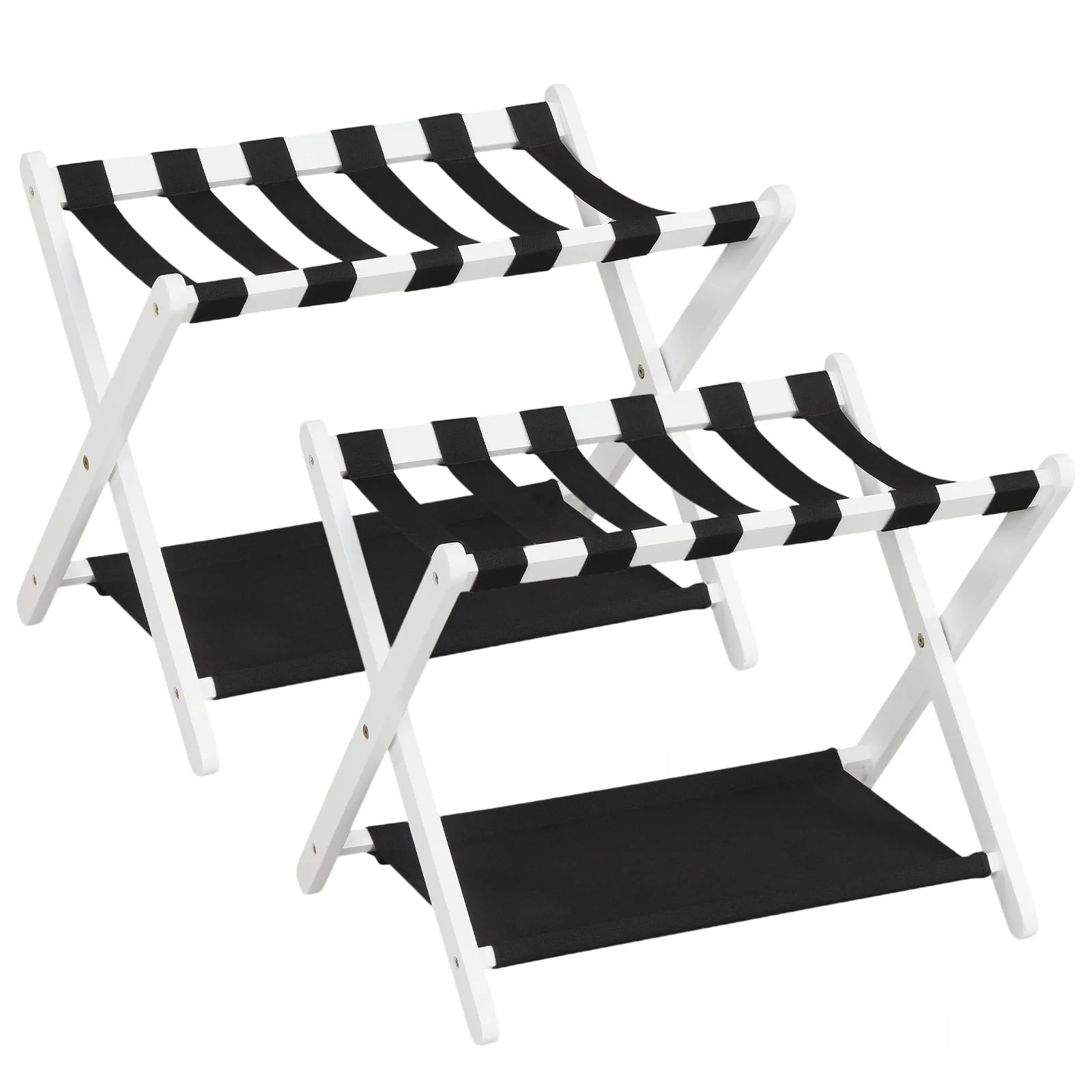 Rubberwood Folding Luggage Rack, Nylon Shelves, Set of 2, Black, White