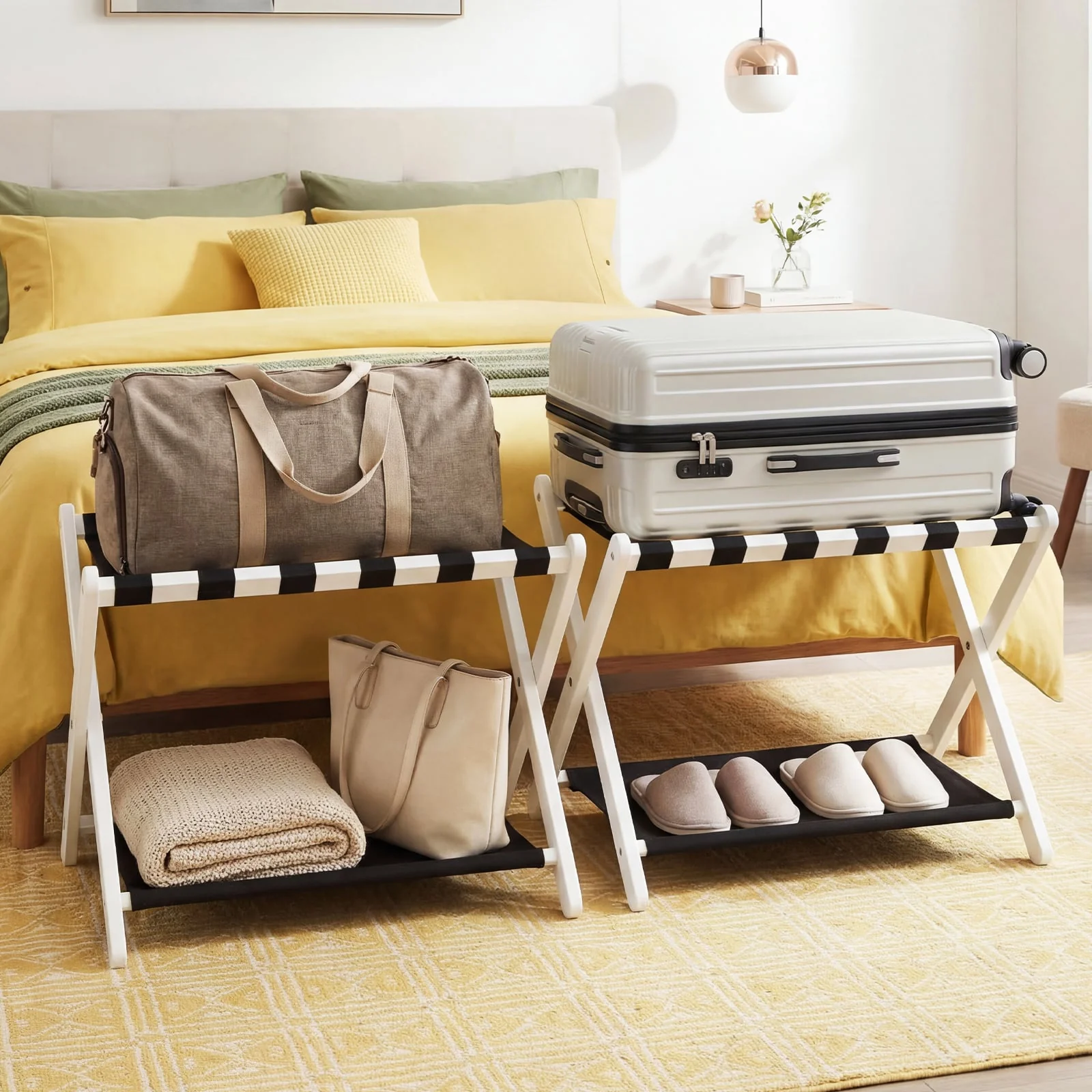 Rubberwood Folding Luggage Rack, Nylon Shelves, Set of 2, Black, White - Image 2