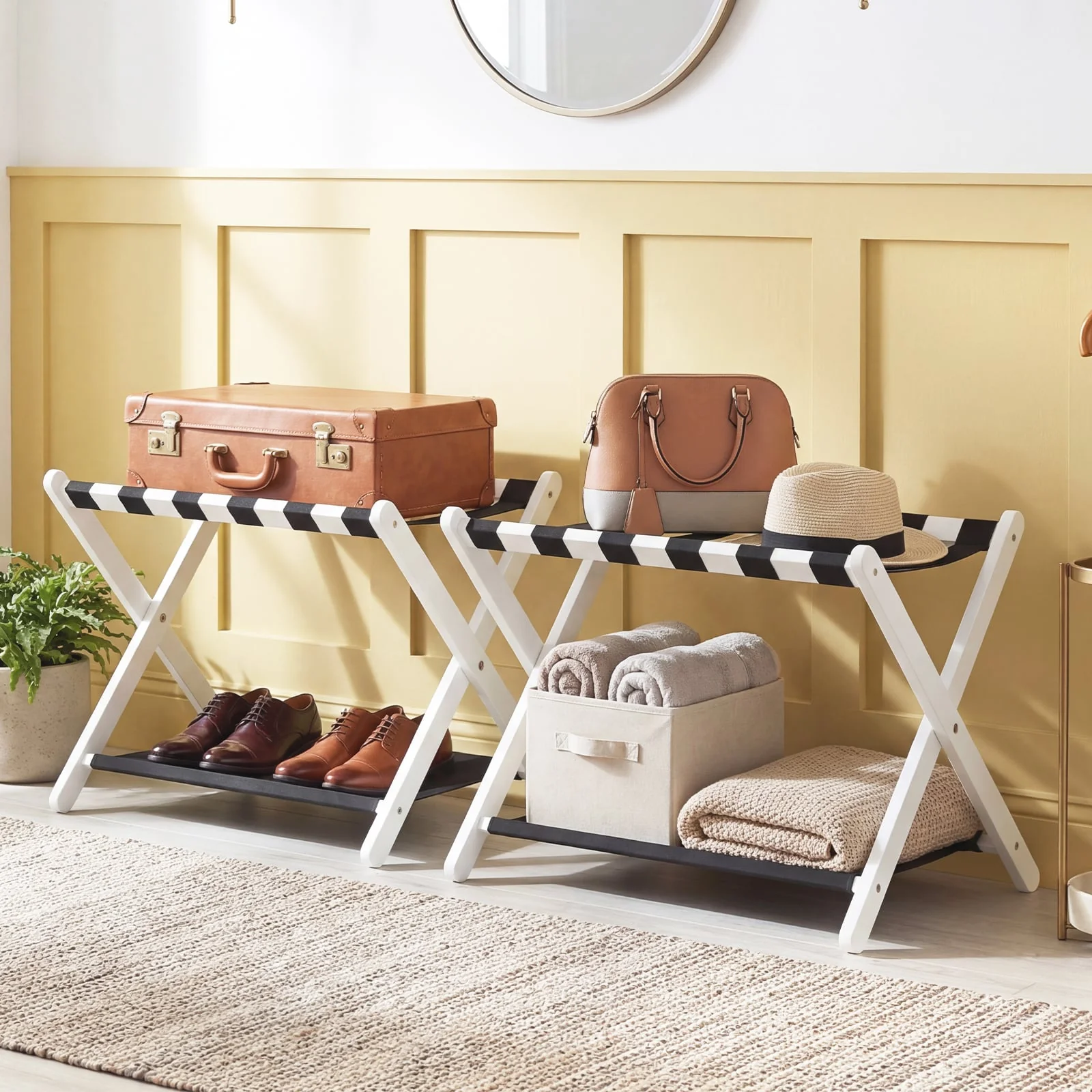 Rubberwood Folding Luggage Rack, Nylon Shelves, Set of 2, Black, White - Image 3