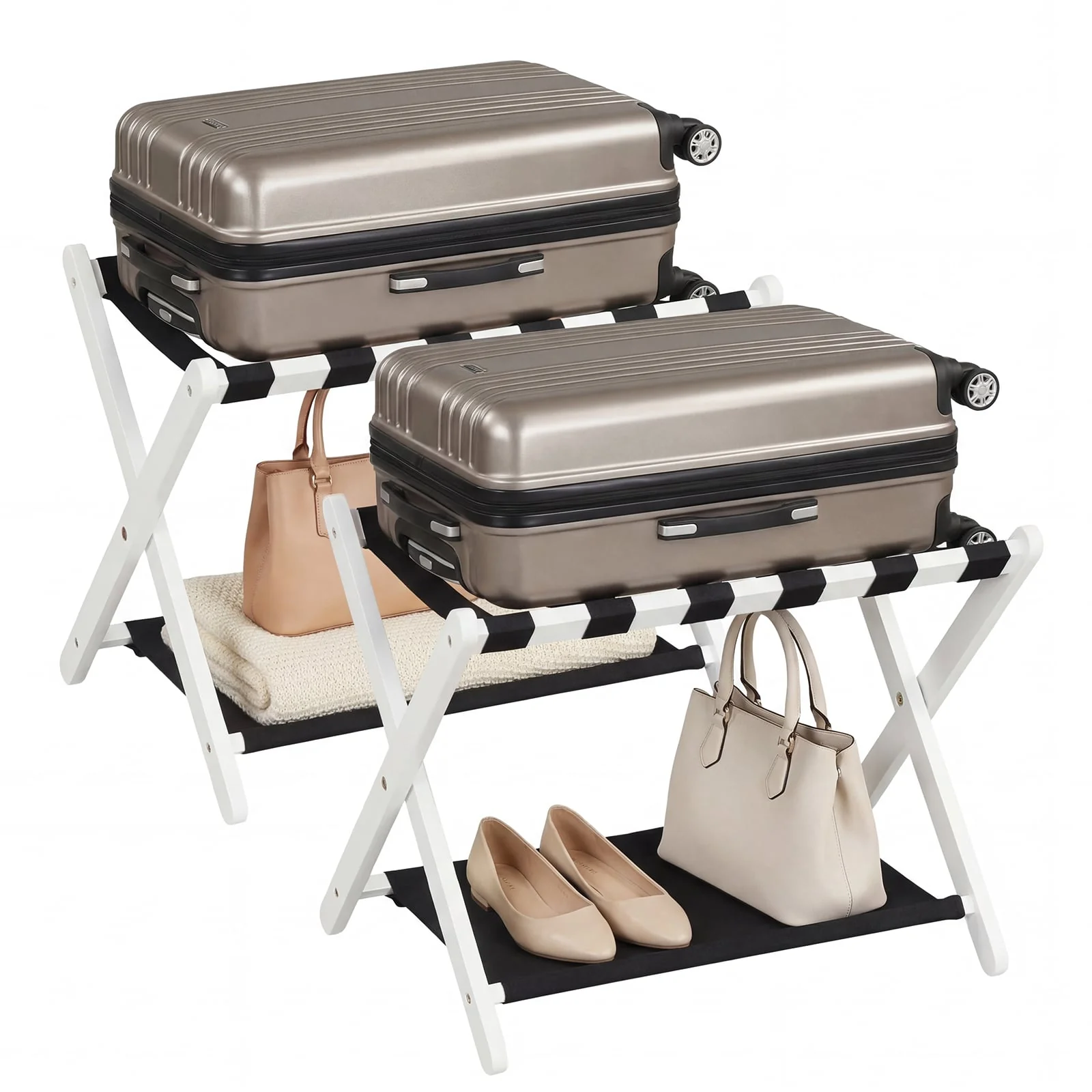 Rubberwood Folding Luggage Rack, Nylon Shelves, Set of 2, Black, White - Image 4