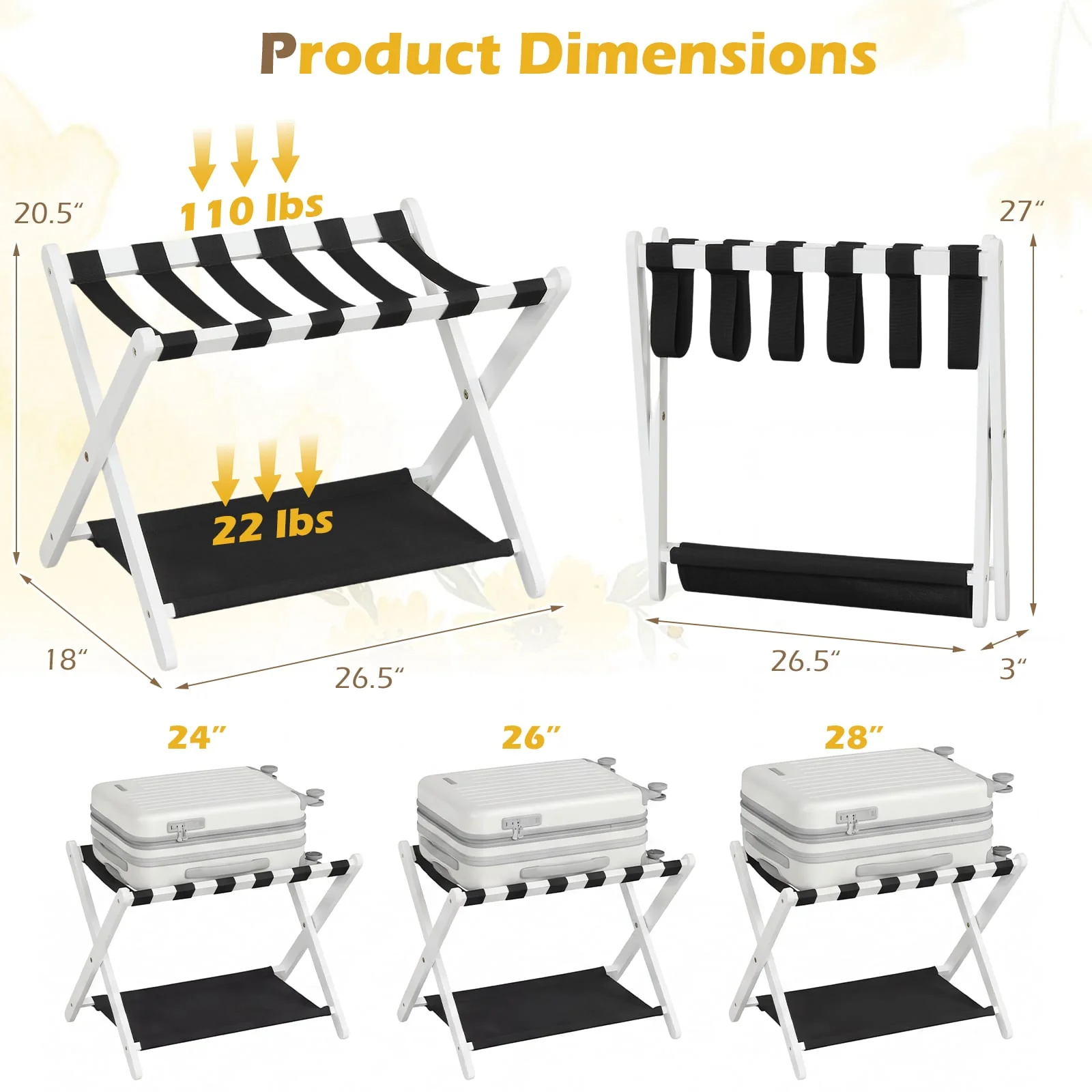 Rubberwood Folding Luggage Rack, Nylon Shelves, Set of 2, Black, White - Image 5