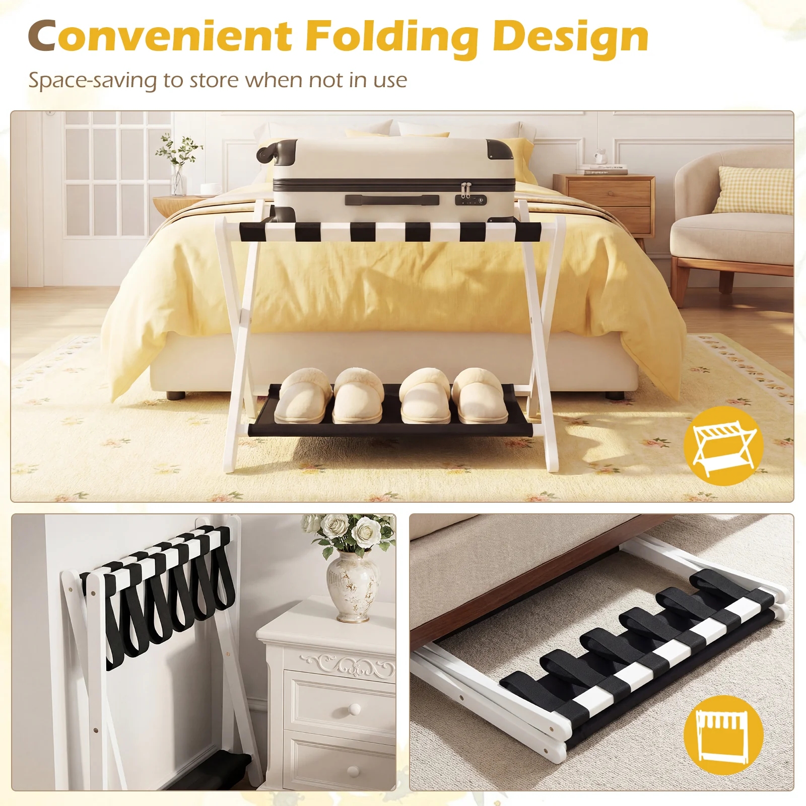 Rubberwood Folding Luggage Rack, Nylon Shelves, Set of 2, Black, White - Image 7