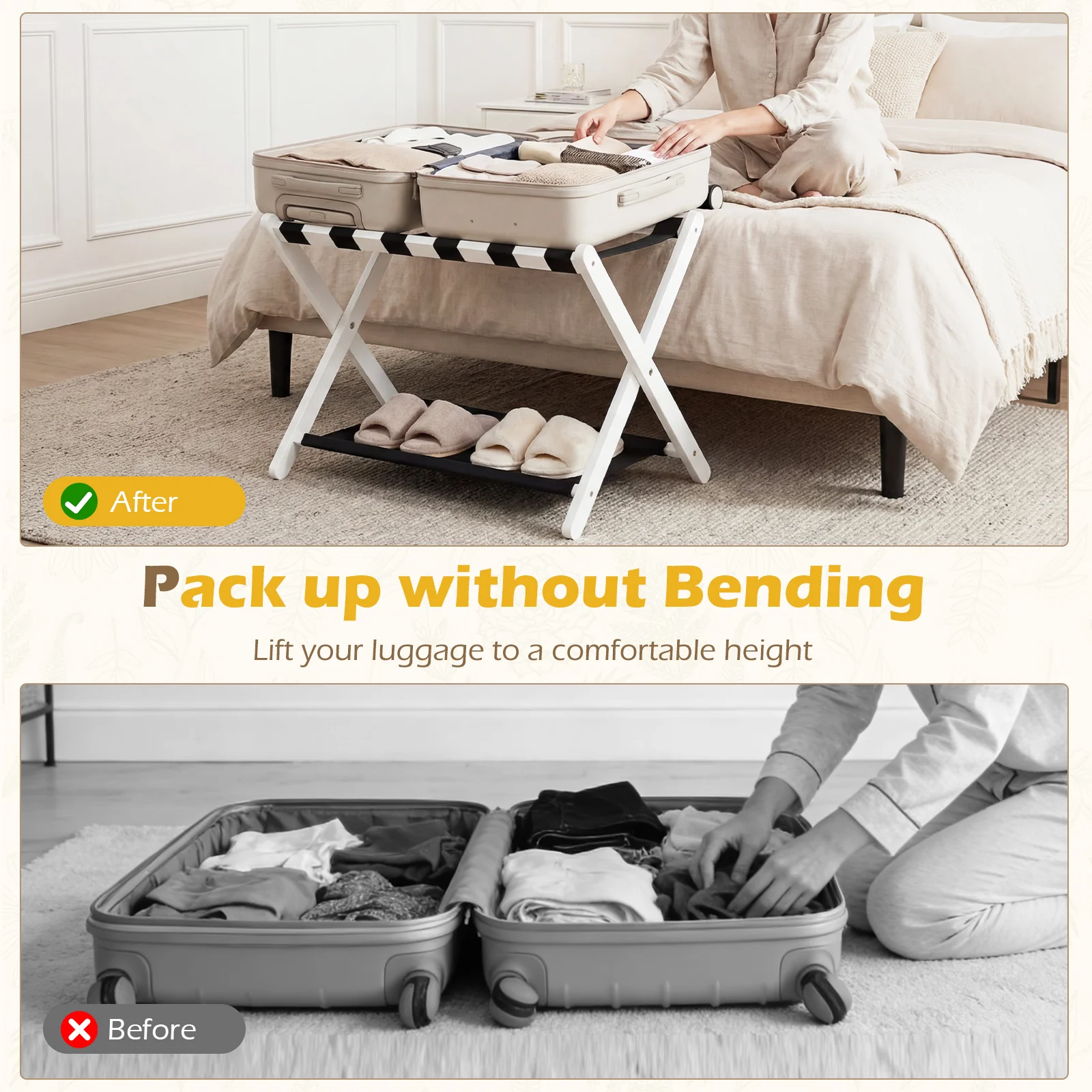 Rubberwood Folding Luggage Rack, Nylon Shelves, Set of 2, Black, White - Image 8