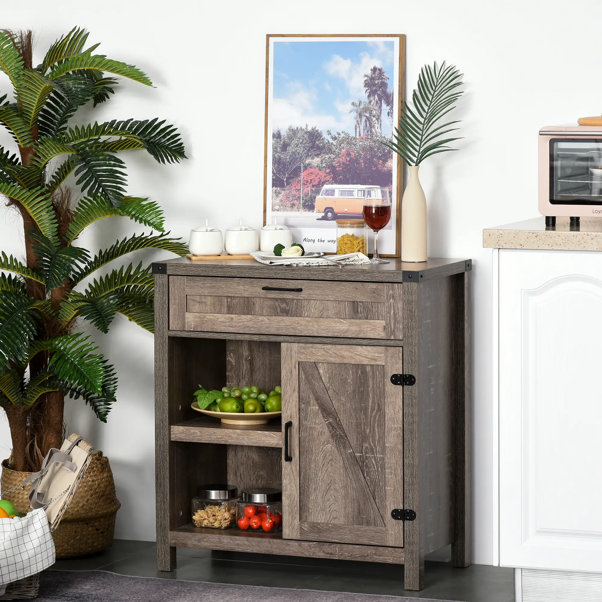 Rustic Barn Door Cabinet, Farmhouse Buffet Sideboard, Dark Oak - Image 2