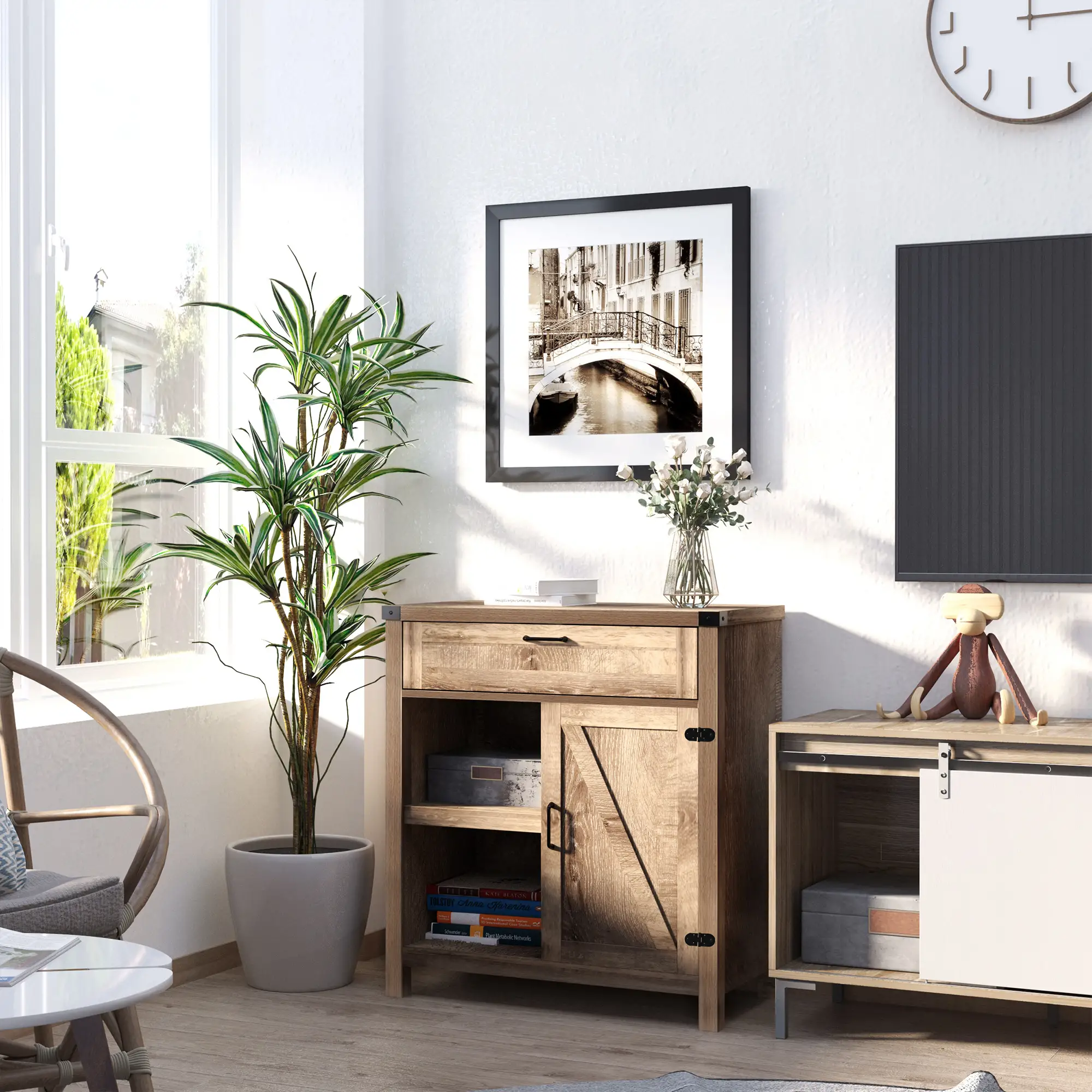 Rustic Barn Door Storage Cabinet, Modern Farmhouse Buffet Sideboard, Light Oak - Image 2