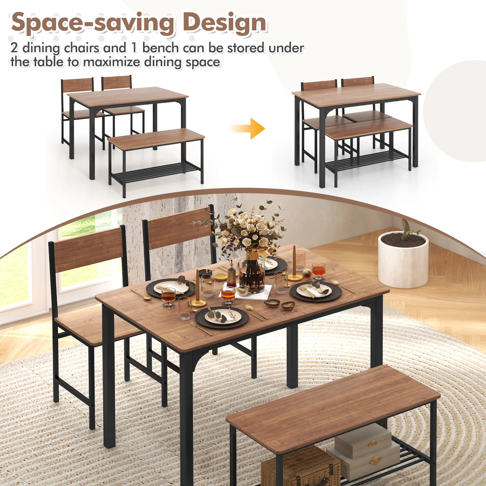 Rustic Dining Table Set, 4 Pieces, Brown - Image 8