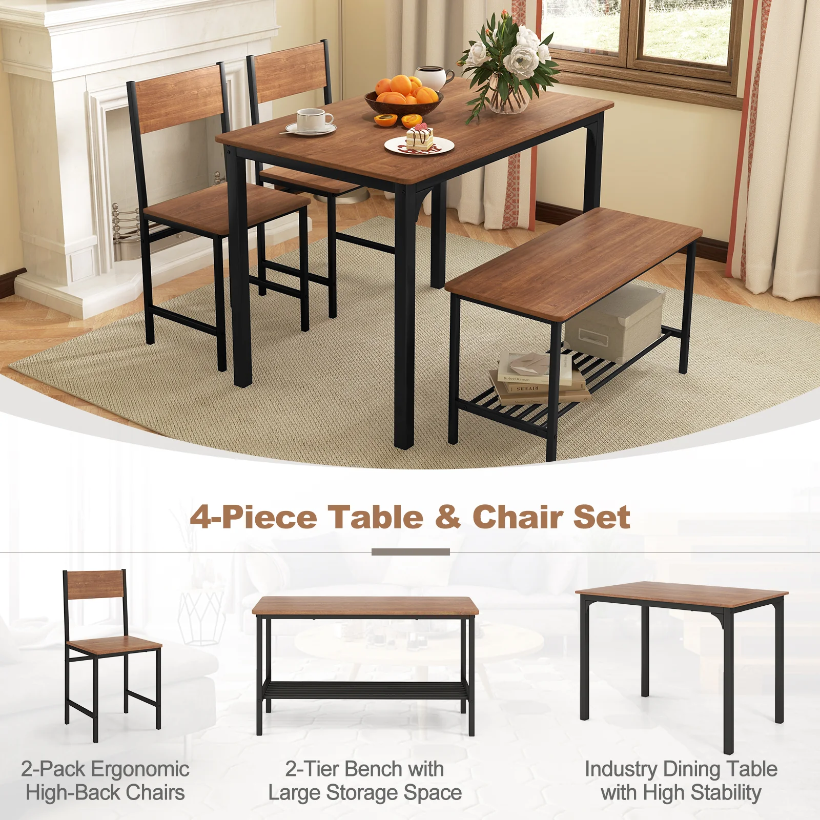 Rustic Dining Table Set, 4 Pieces, Brown - Image 9