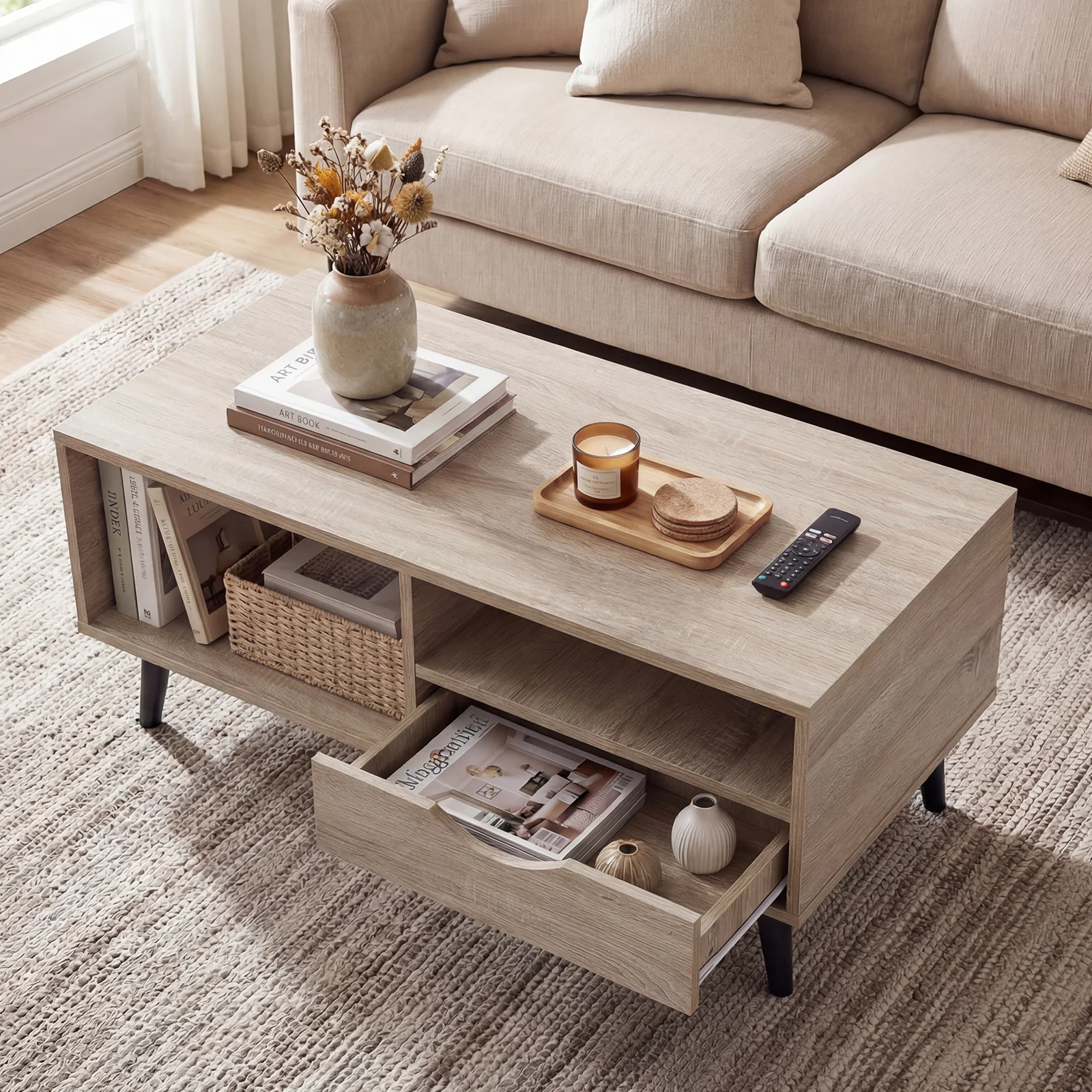 Rustic Rectangle Coffee Table With Storage, Natural - Image 2