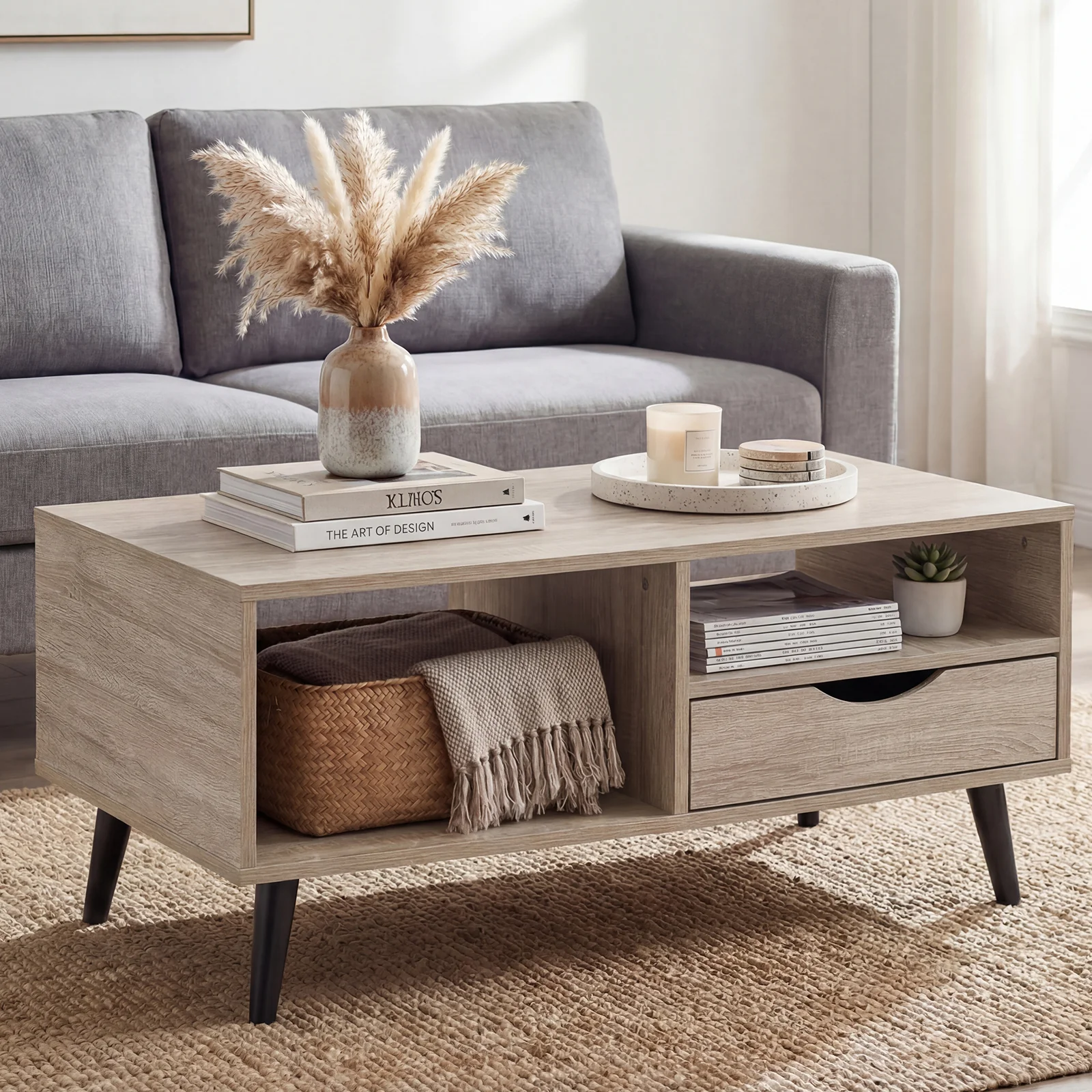 Rustic Rectangle Coffee Table With Storage, Natural - Image 3