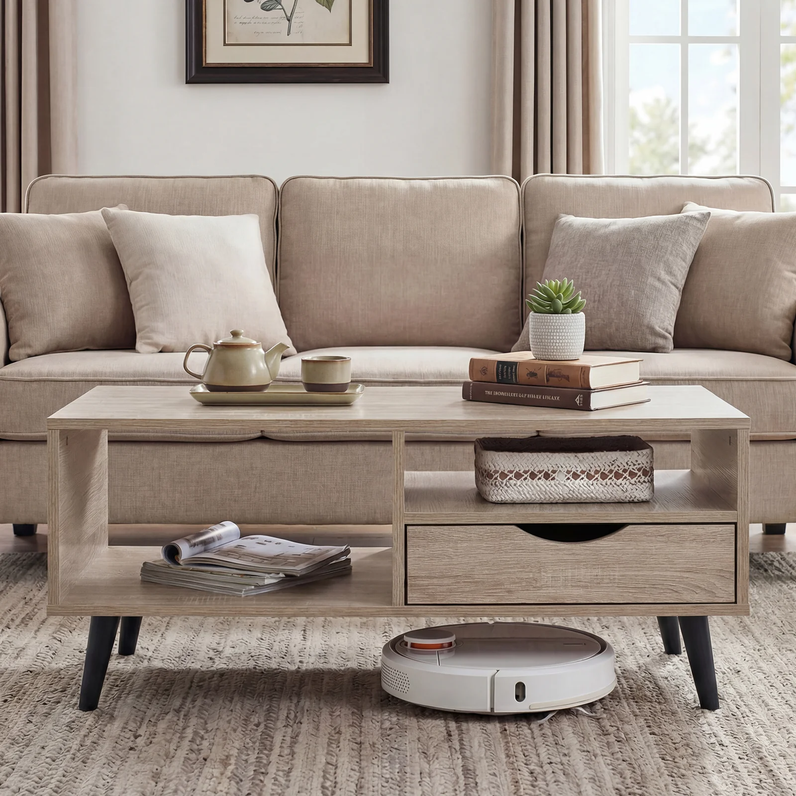 Rustic Rectangle Coffee Table With Storage, Natural - Image 7