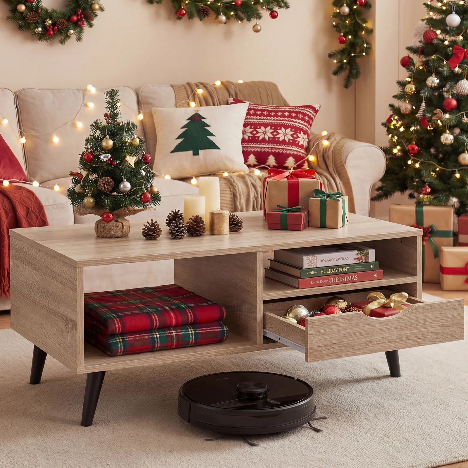 Rustic Rectangle Coffee Table With Storage, Natural - Image 8