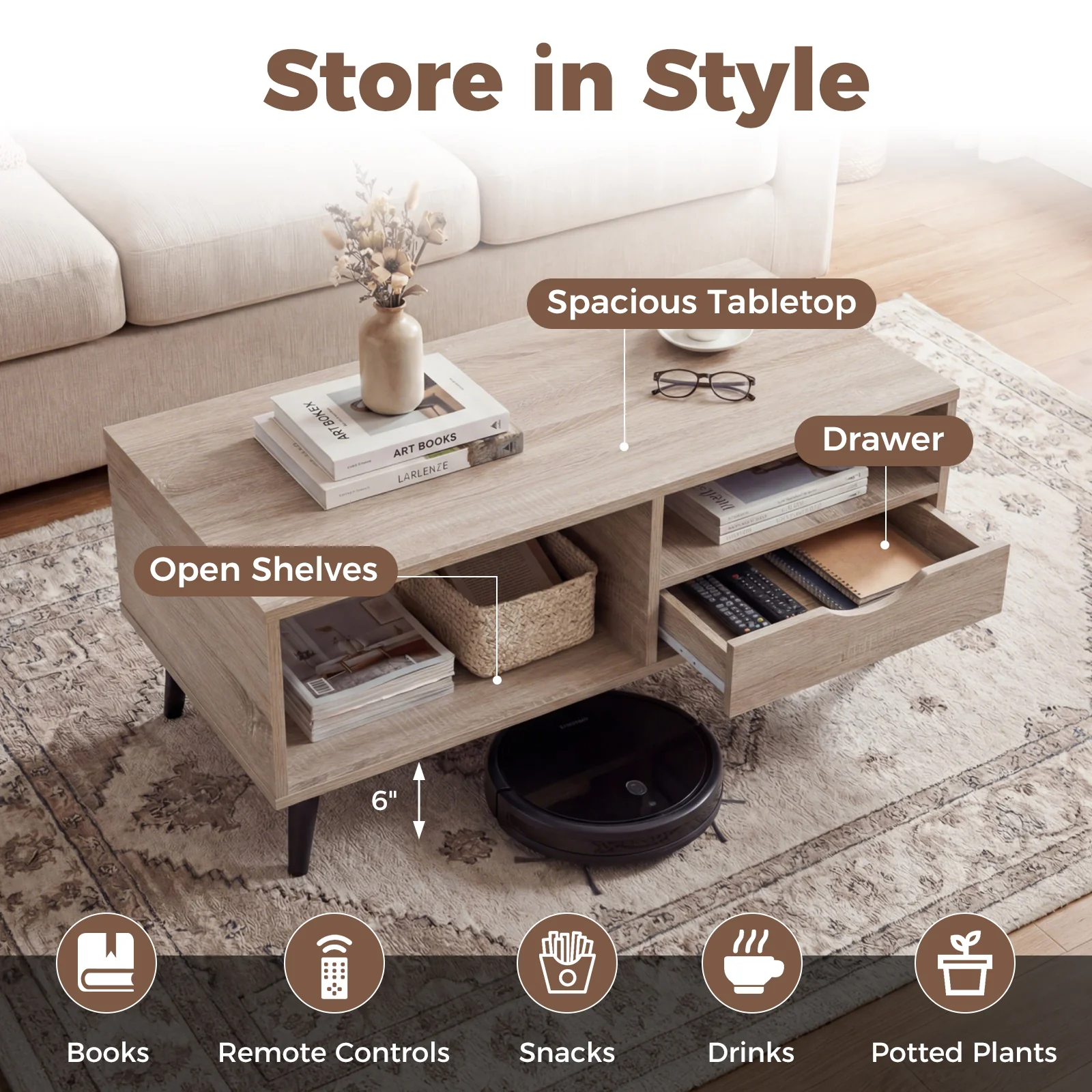 Rustic Rectangle Coffee Table With Storage, Natural - Image 9