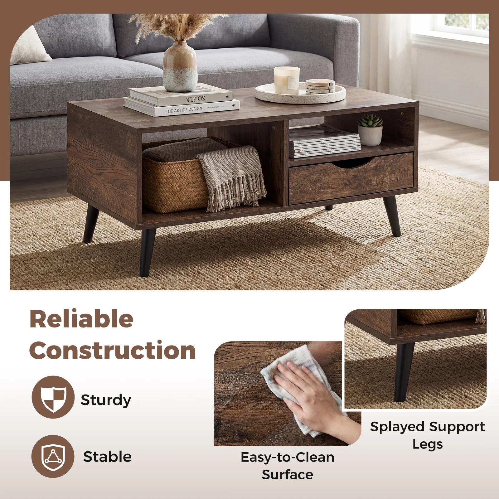 Rustic Walnut Coffee Table With Storage, Rectangle Center Table - Image 10