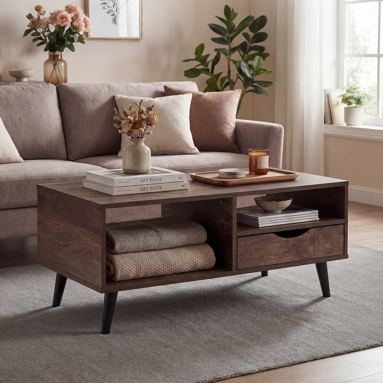 Rustic Walnut Coffee Table With Storage, Rectangle Center Table - Image 2