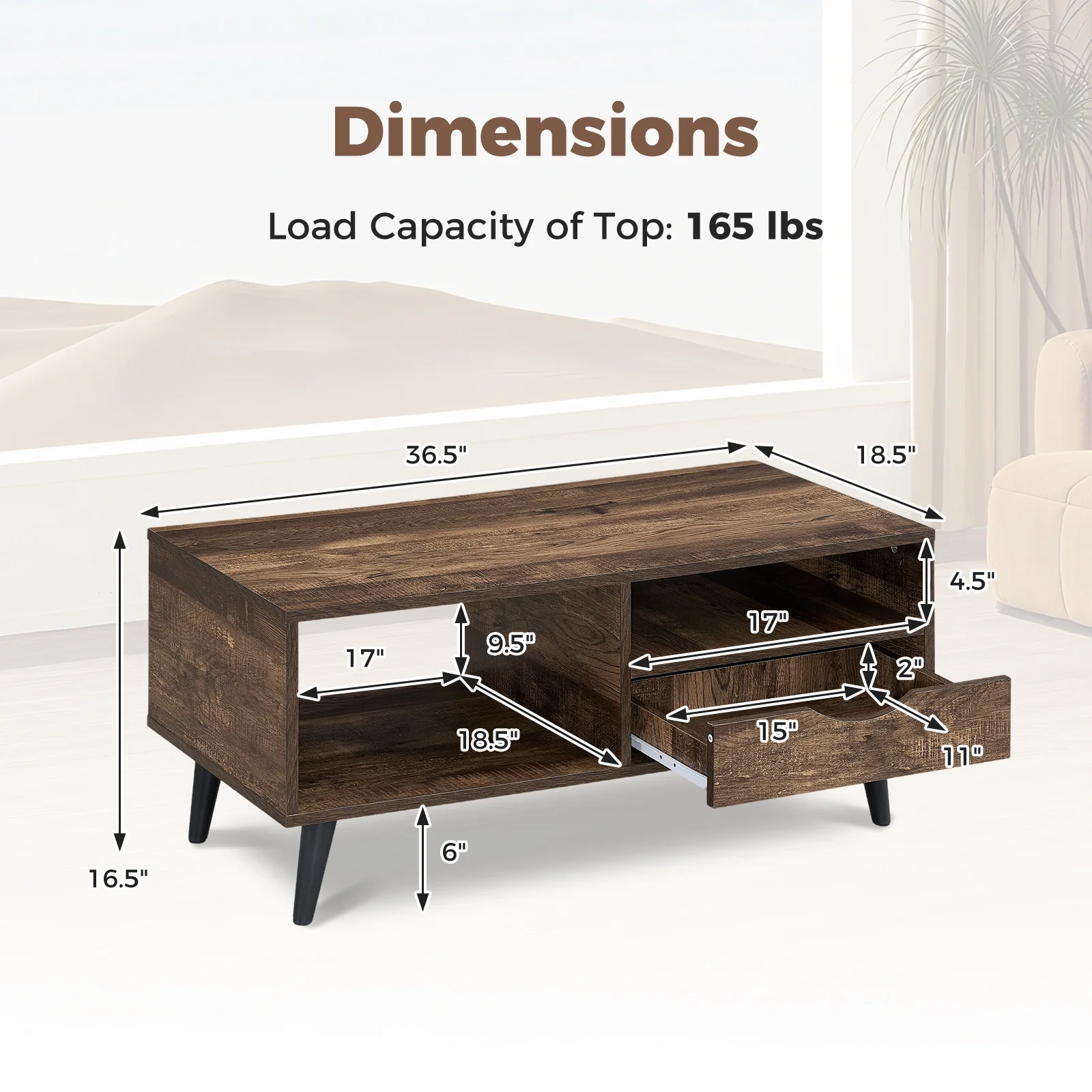 Rustic Walnut Coffee Table With Storage, Rectangle Center Table - Image 6