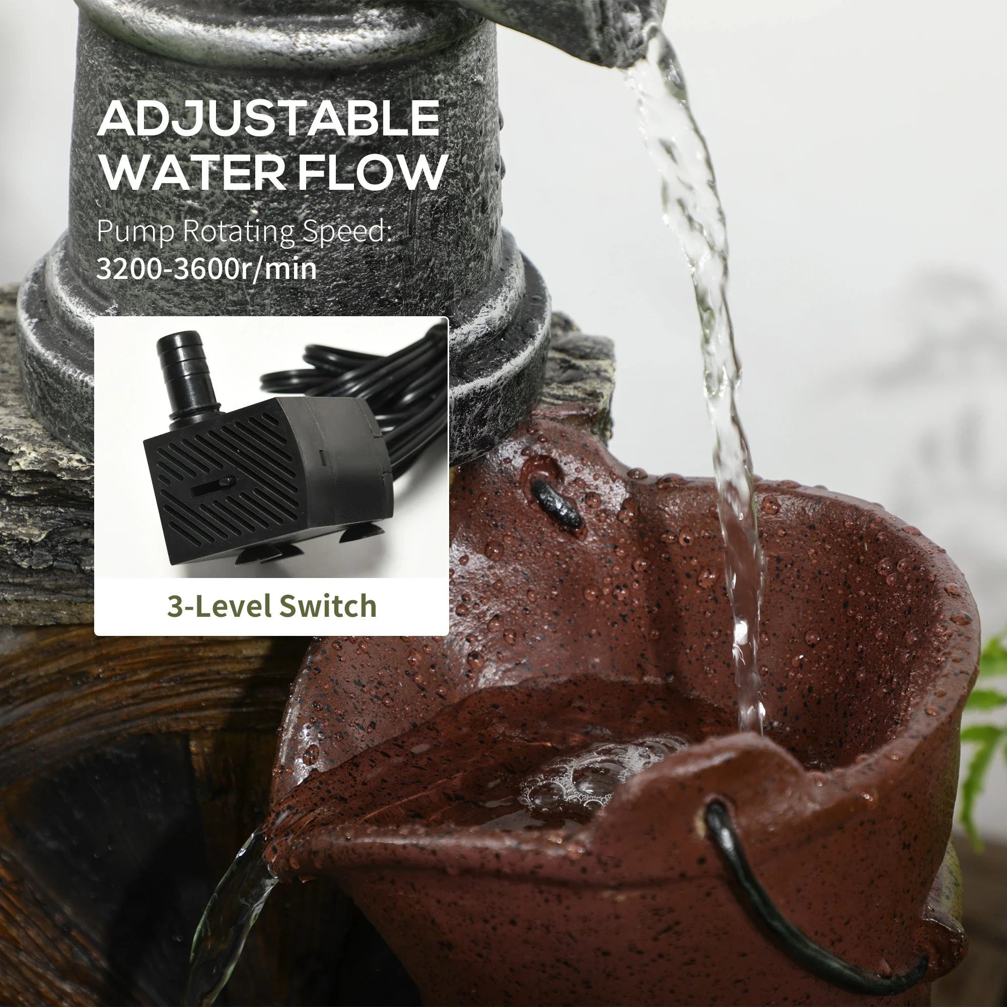 Rustic Waterfall Fountain, 3-Tier Cascading Outdoor, Adjustable Flow - Image 5