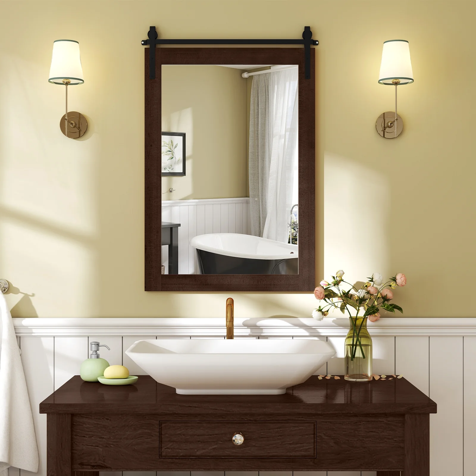 Rustic Wood Frame Barn Door Style Farmhouse Wall Mirror, Walnut - Image 2