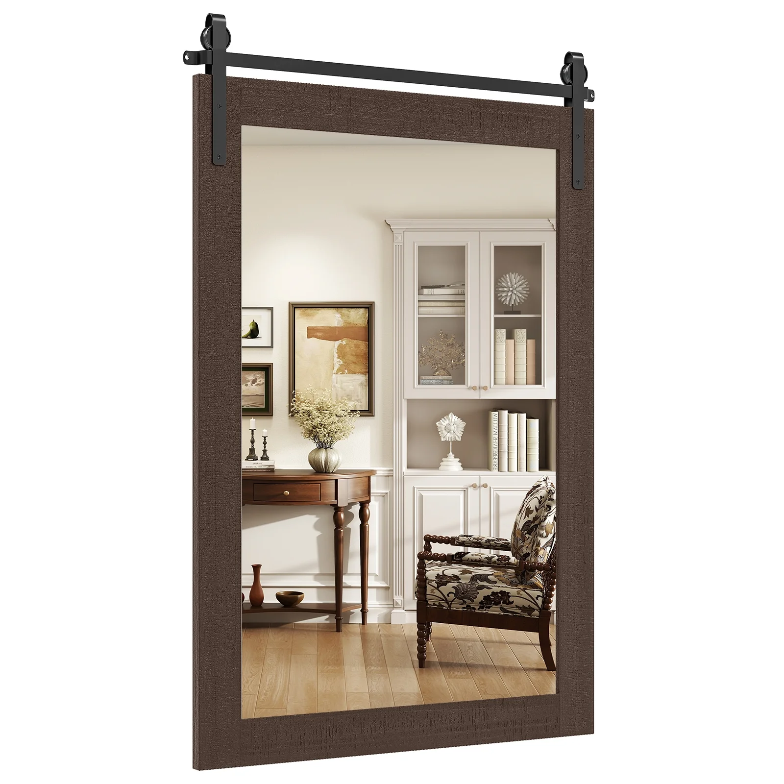 Rustic Wood Frame Barn Door Style Farmhouse Wall Mirror, Walnut - Image 4