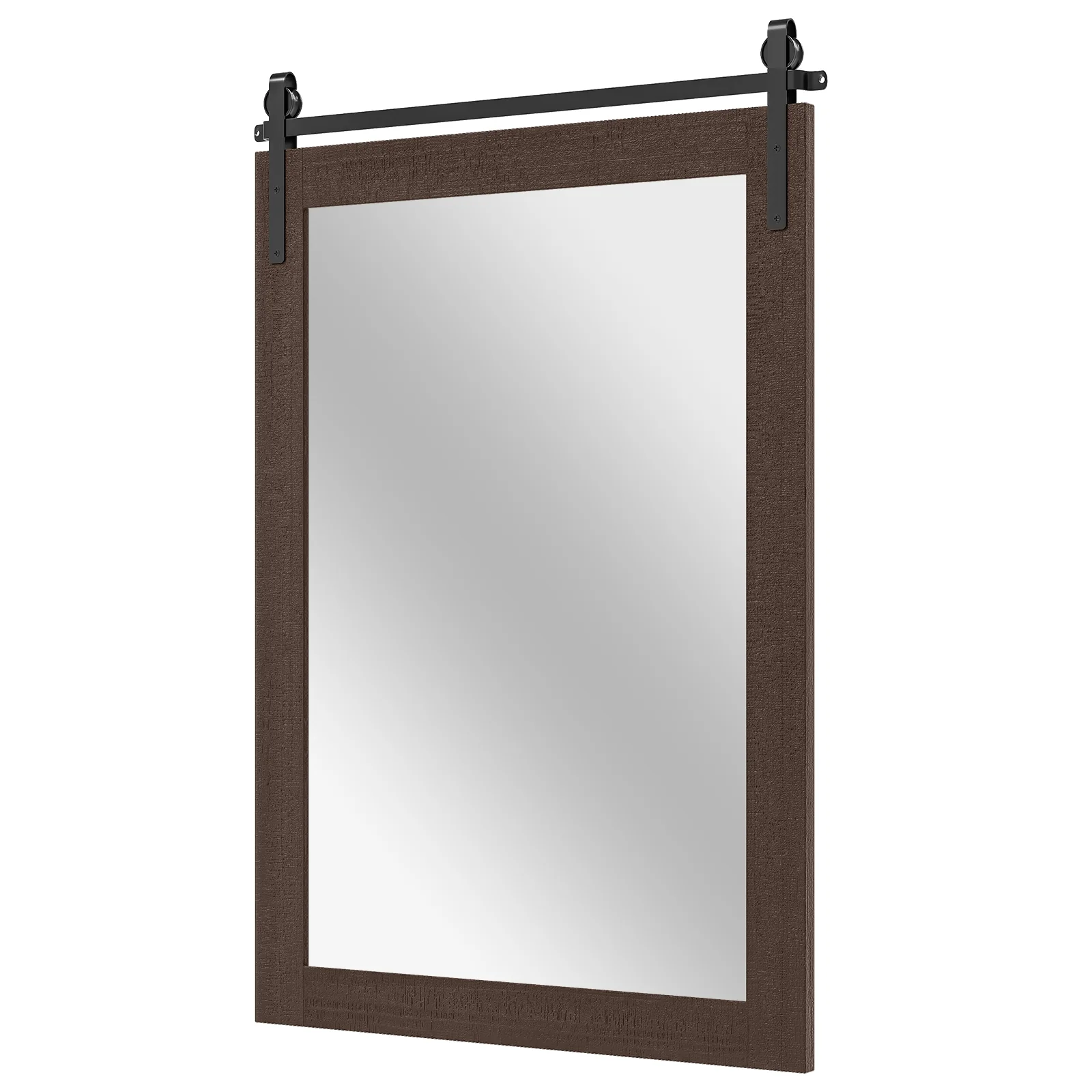 Rustic Wood Frame Barn Door Style Farmhouse Wall Mirror, Walnut - Image 5