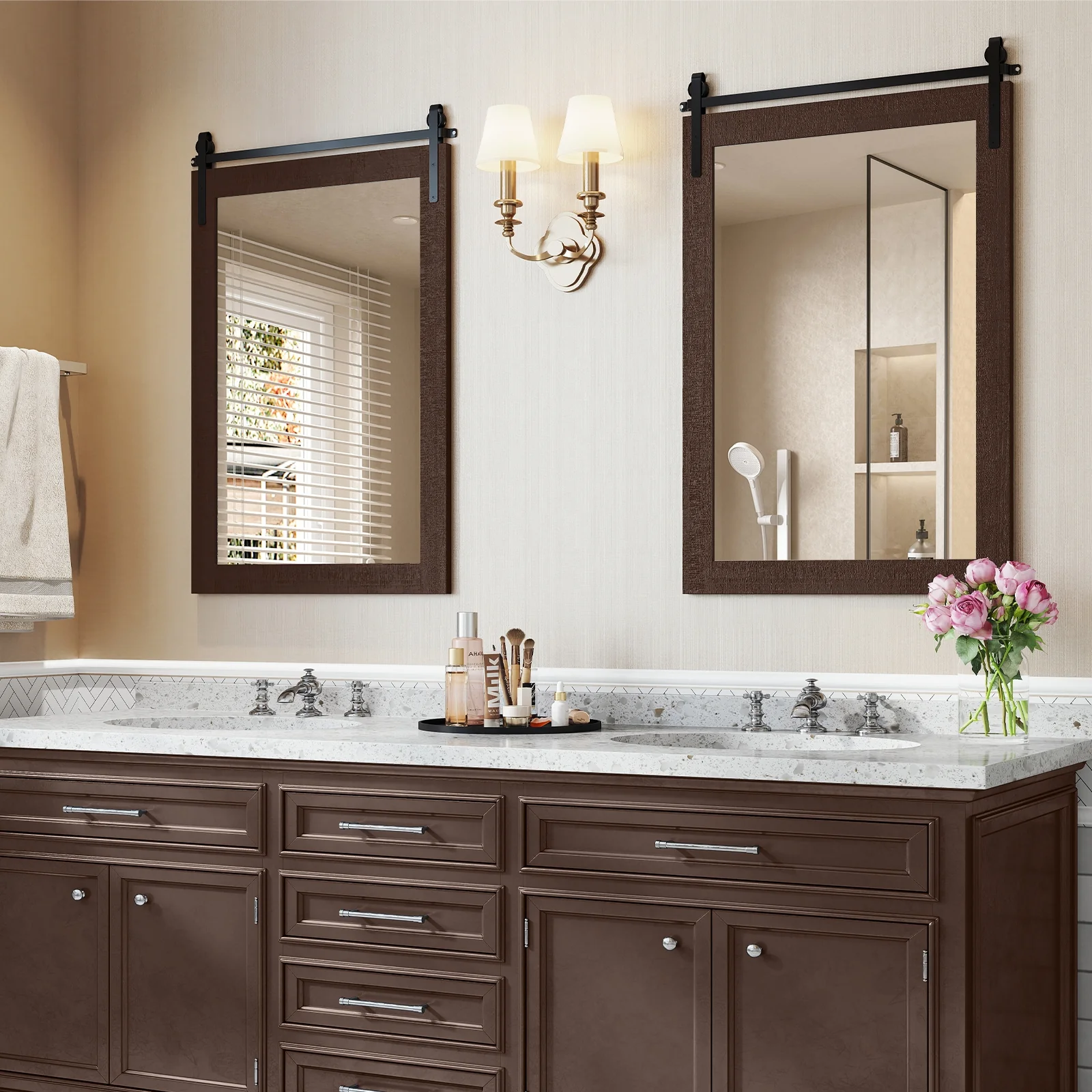 Rustic Wood Frame Barn Door Style Farmhouse Wall Mirror, Walnut - Image 7