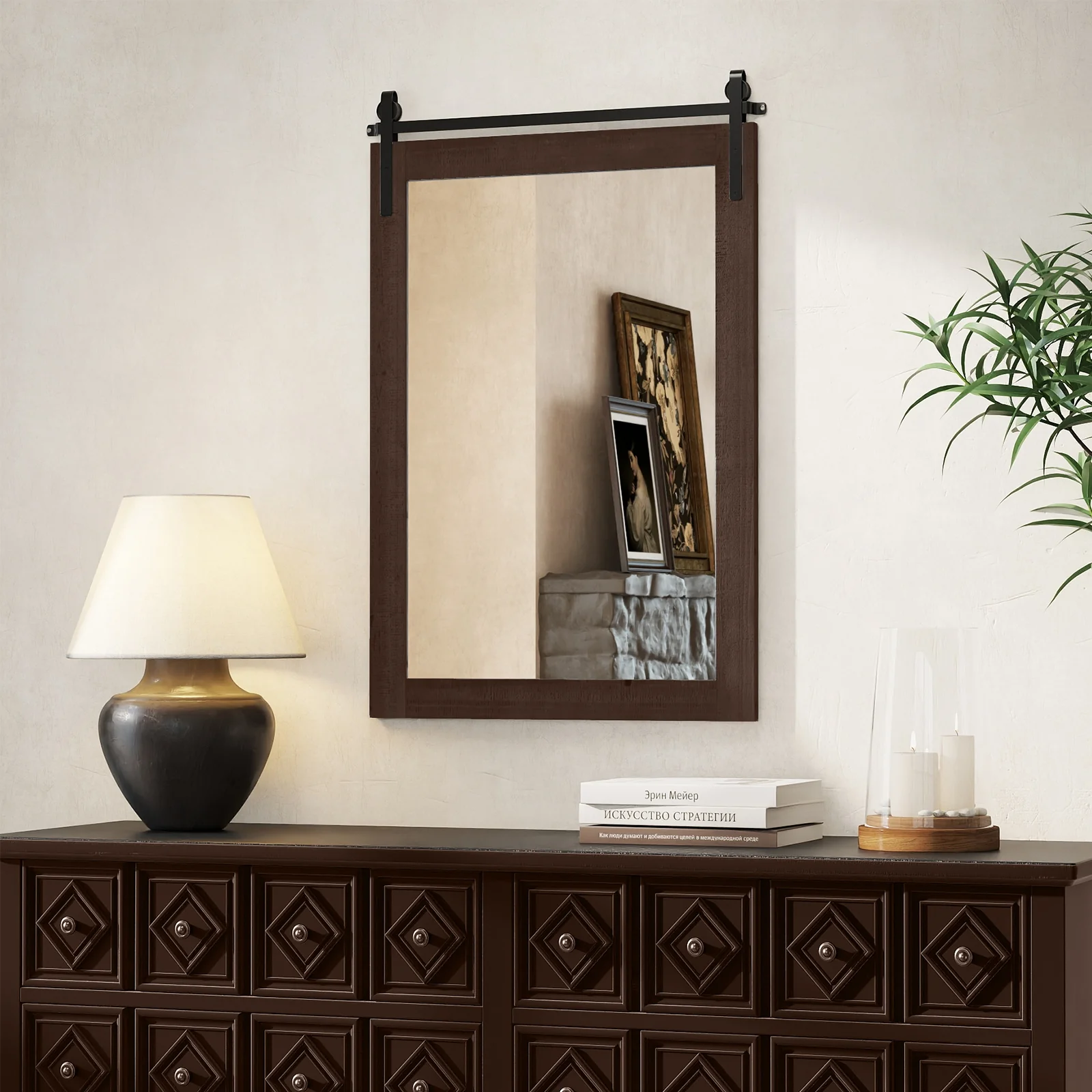 Rustic Wood Frame Barn Door Style Farmhouse Wall Mirror, Walnut - Image 8