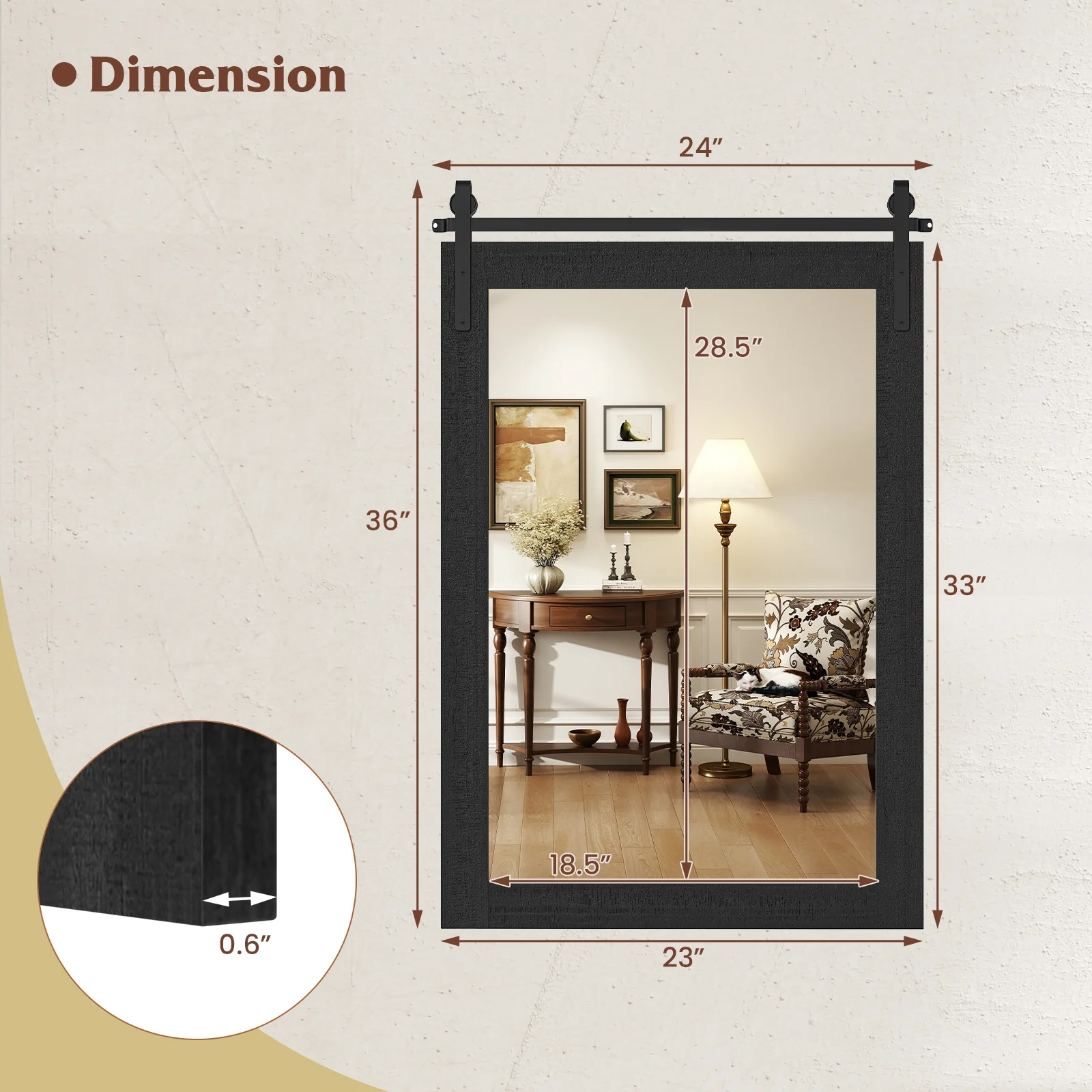 Rustic Wood Frame Barn Door Wall Mirror, Black - Image 6