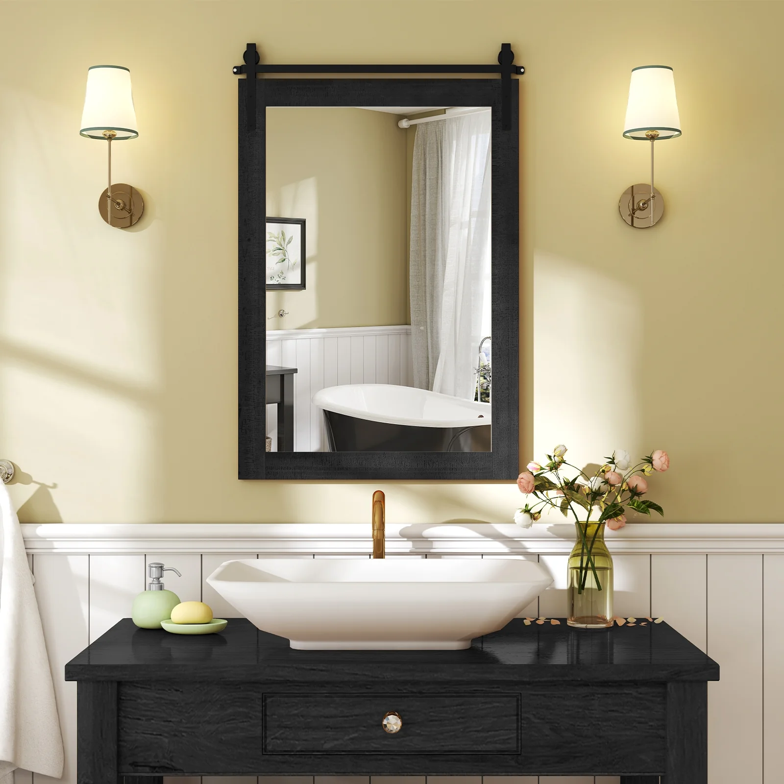 Rustic Wood Frame Barn Door Wall Mirror, Black - Image 7