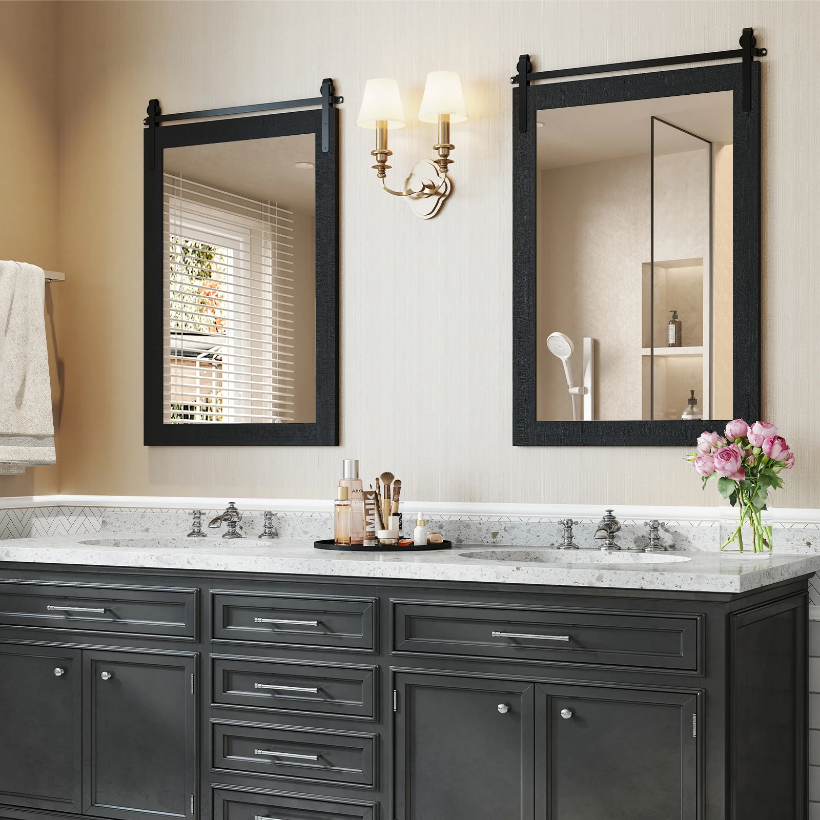 Rustic Wood Frame Barn Door Wall Mirror, Black - Image 8
