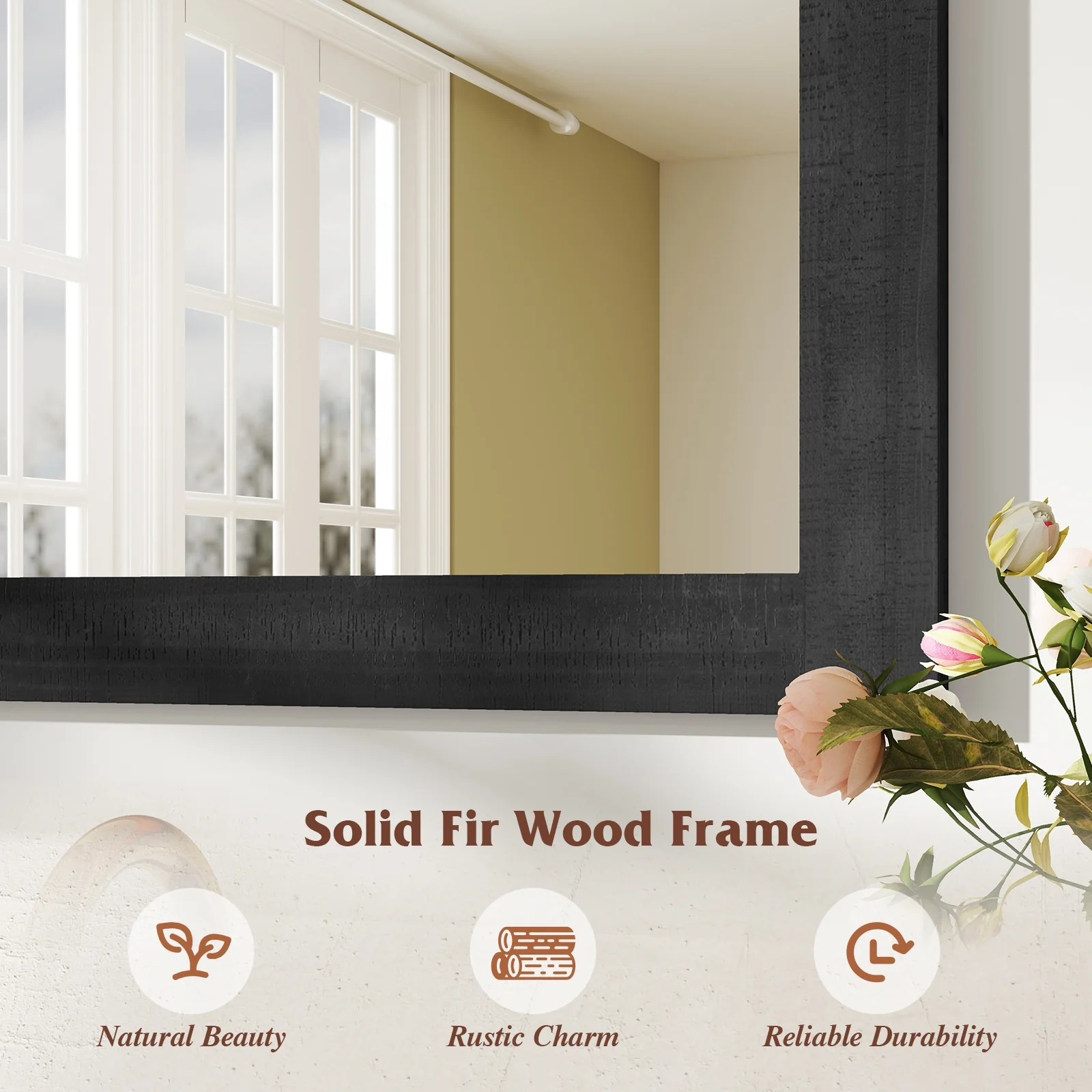 Rustic Wood Frame Barn Door Wall Mirror, Black - Image 9