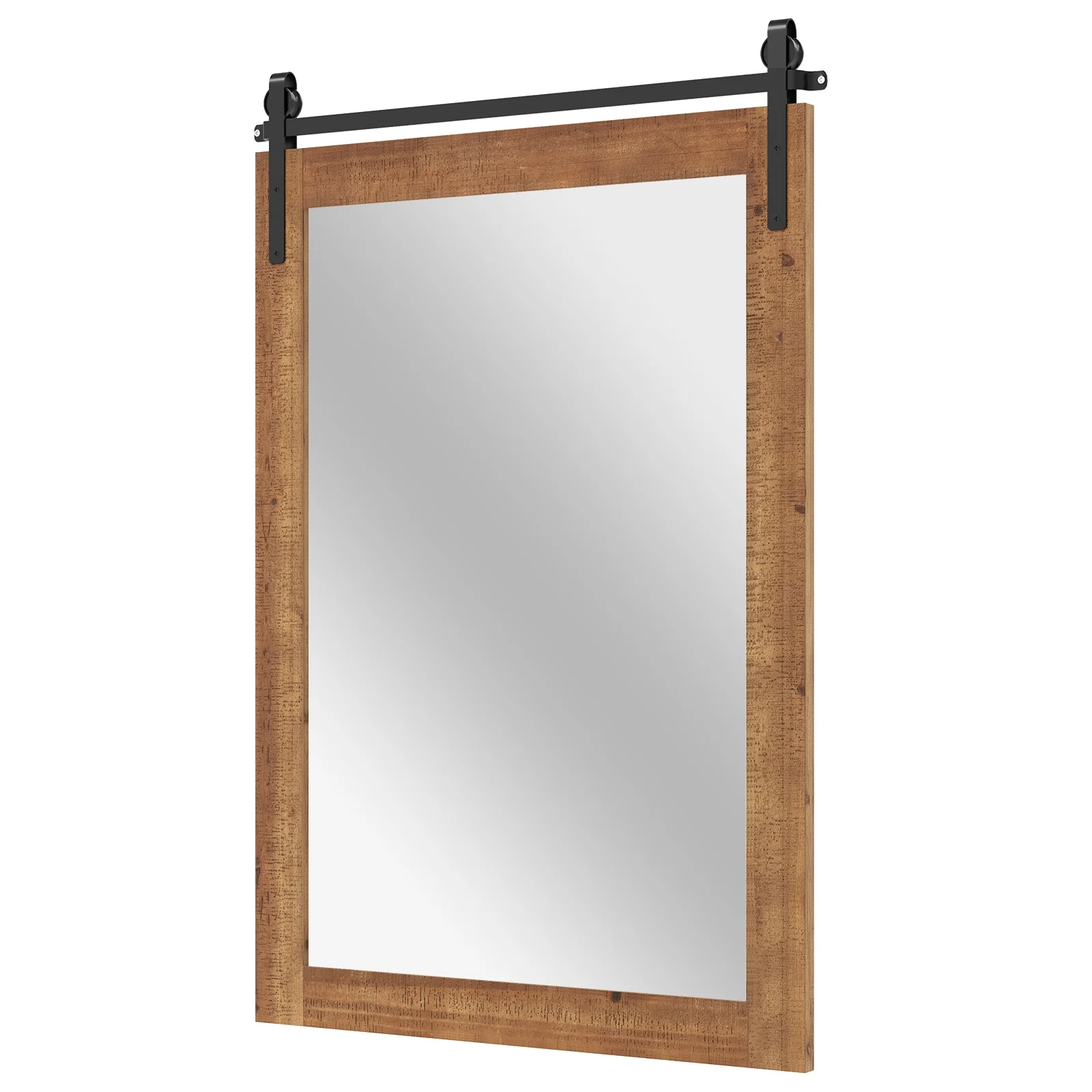 Rustic Wood Frame Barn Door Wall Mirror, Brown - Image 4