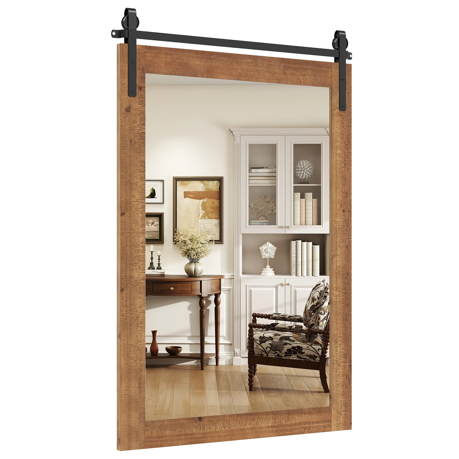 Rustic Wood Frame Barn Door Wall Mirror, Brown - Image 5