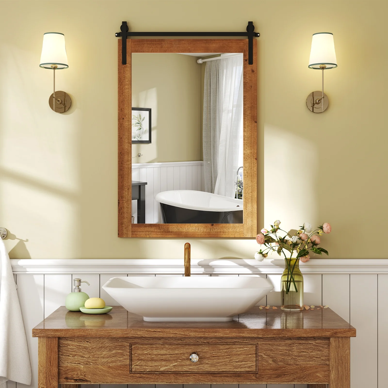 Rustic Wood Frame Barn Door Wall Mirror, Brown - Image 7