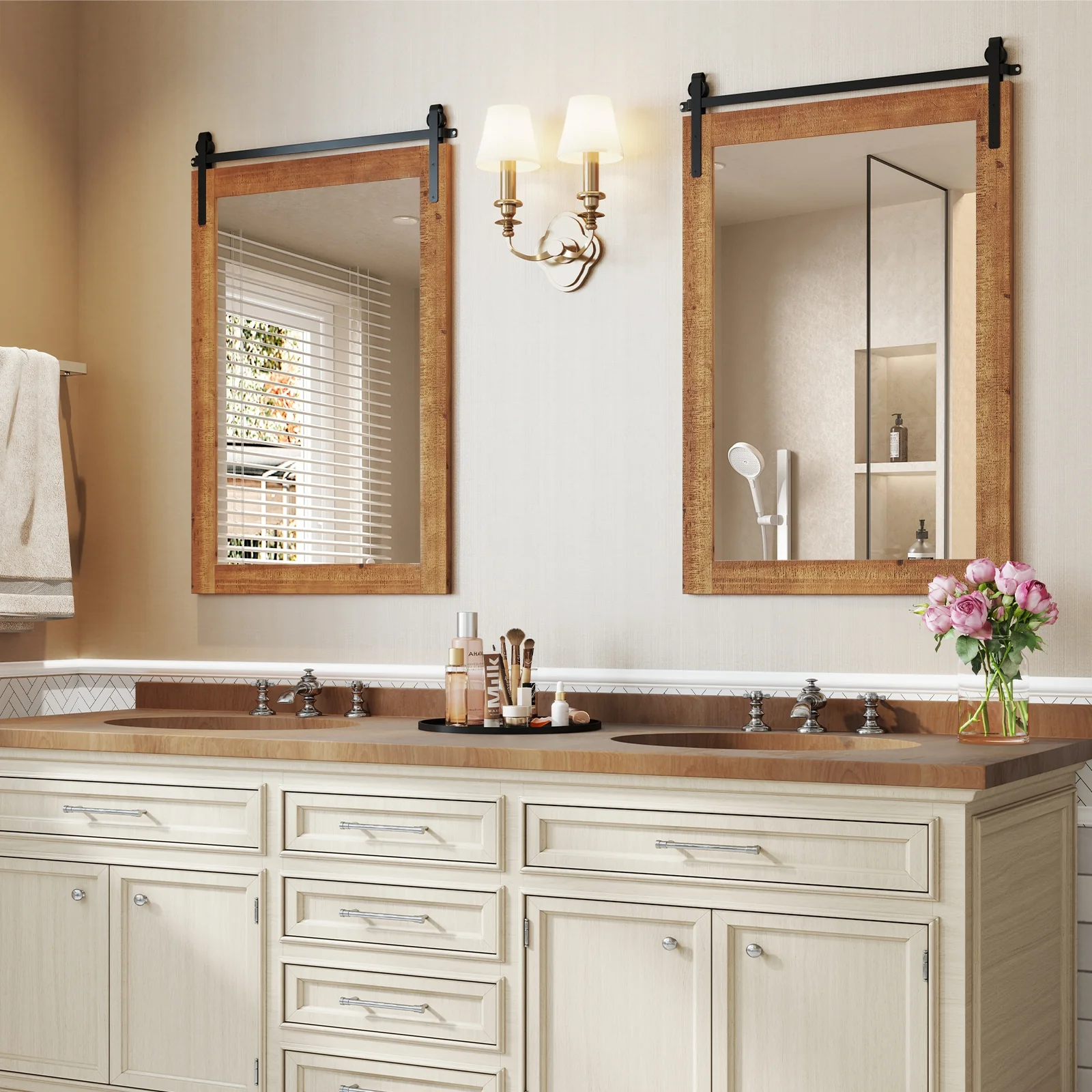 Rustic Wood Frame Barn Door Wall Mirror, Brown - Image 8