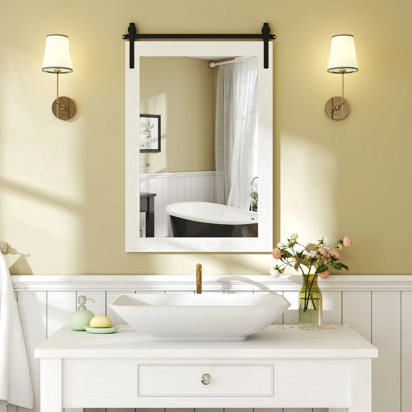 Rustic Wood Frame Barn Door Wall Mirror, White - Image 3