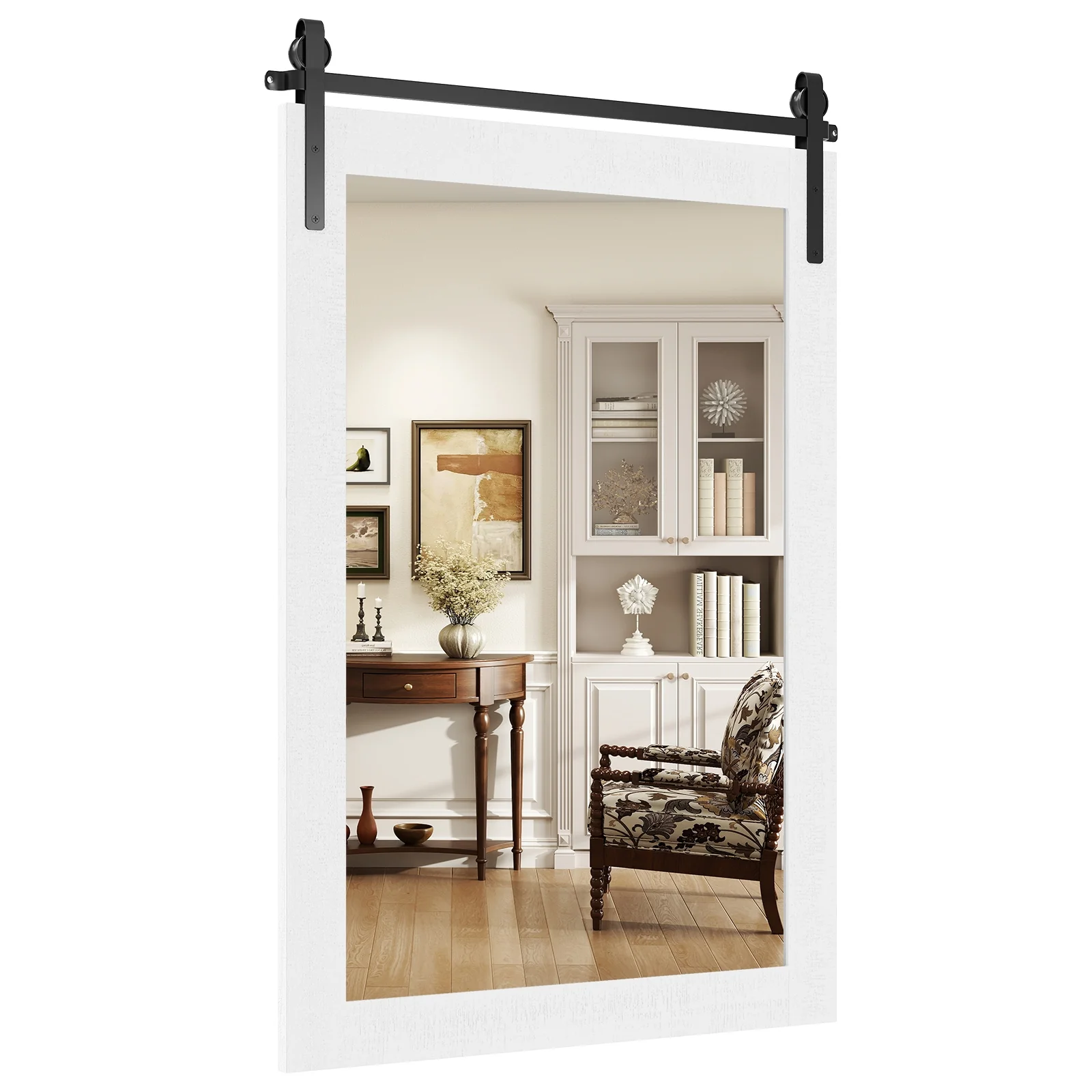 Rustic Wood Frame Barn Door Wall Mirror, White - Image 4