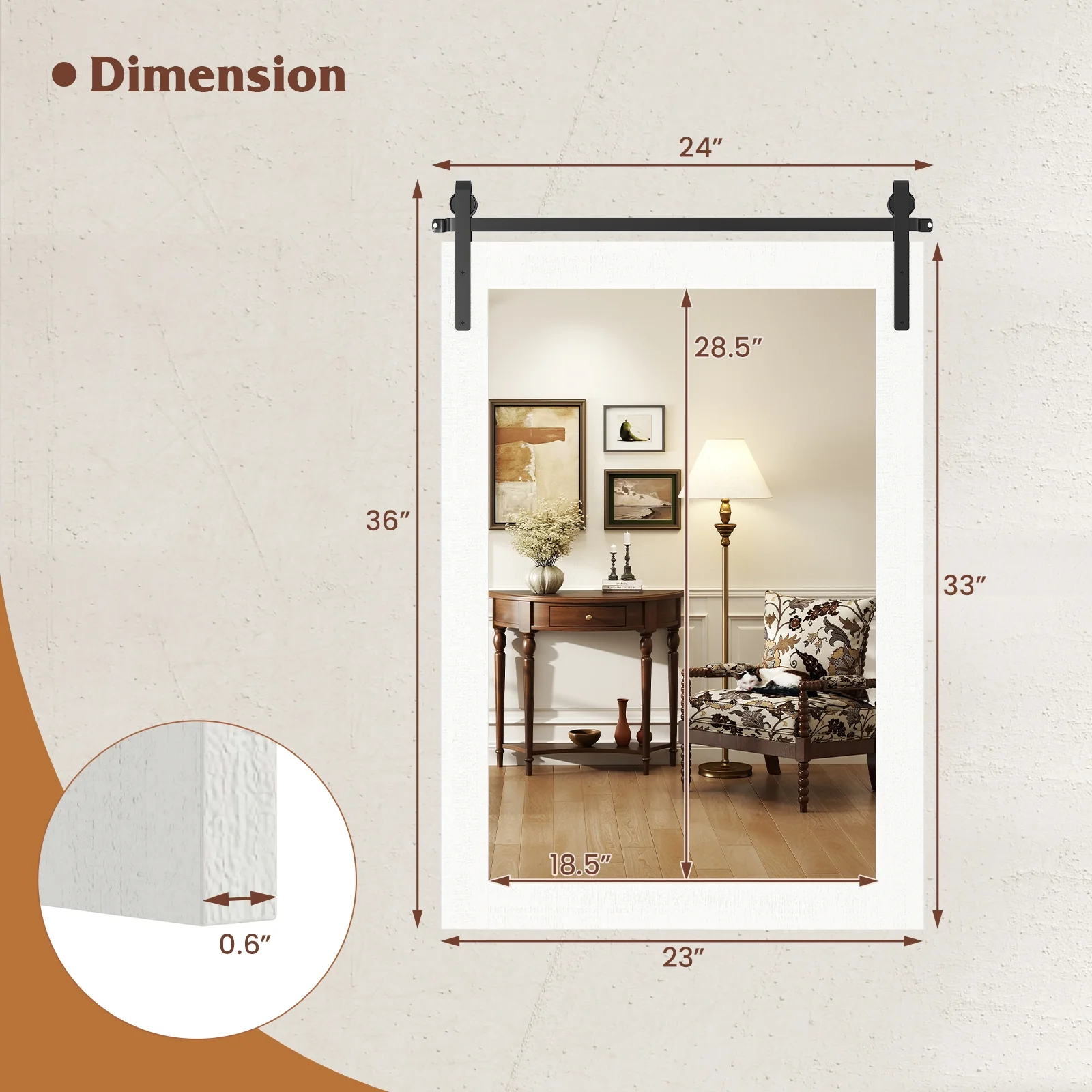 Rustic Wood Frame Barn Door Wall Mirror, White - Image 6