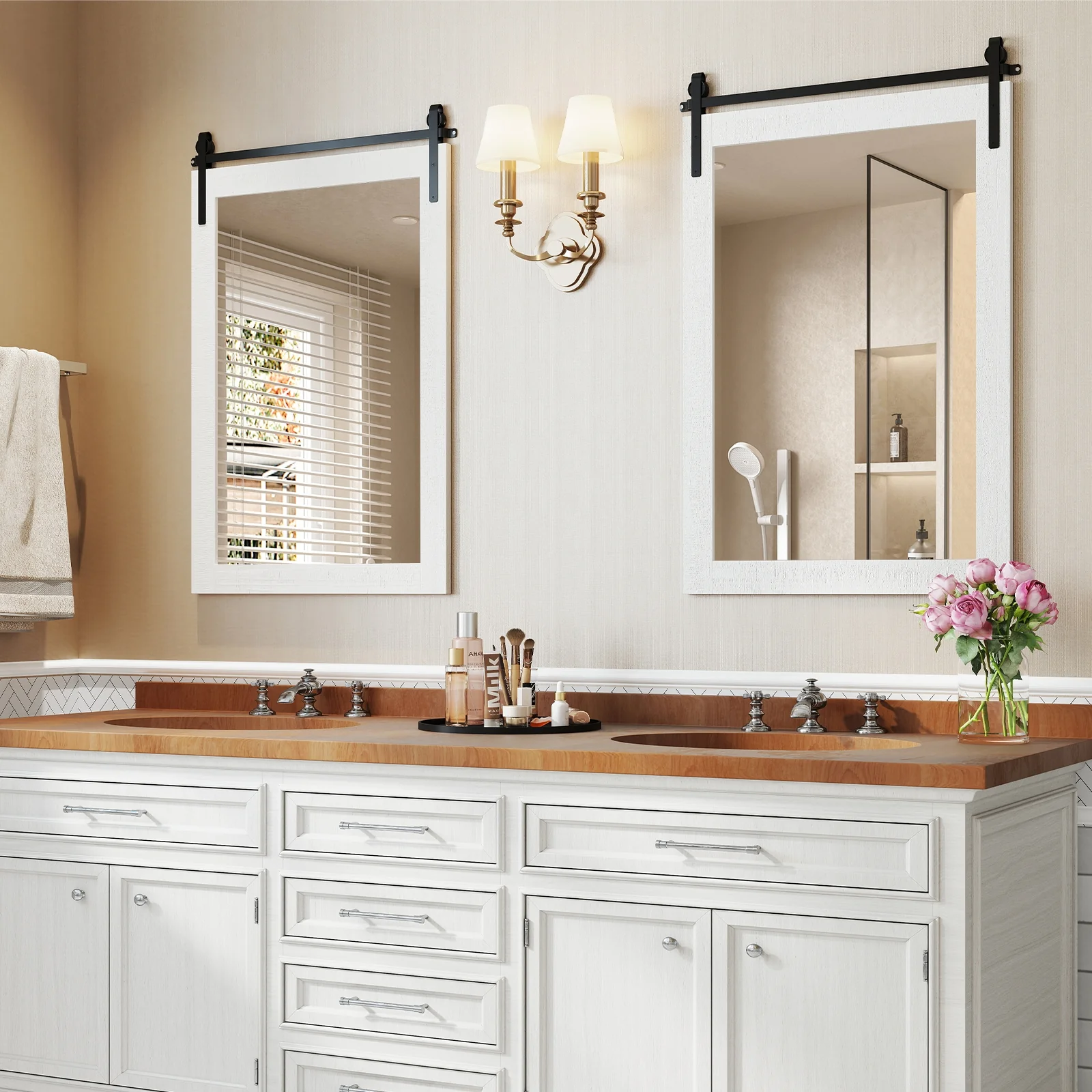 Rustic Wood Frame Barn Door Wall Mirror, White - Image 7