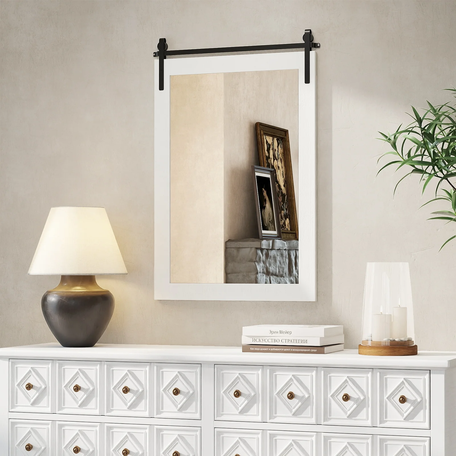 Rustic Wood Frame Barn Door Wall Mirror, White - Image 8