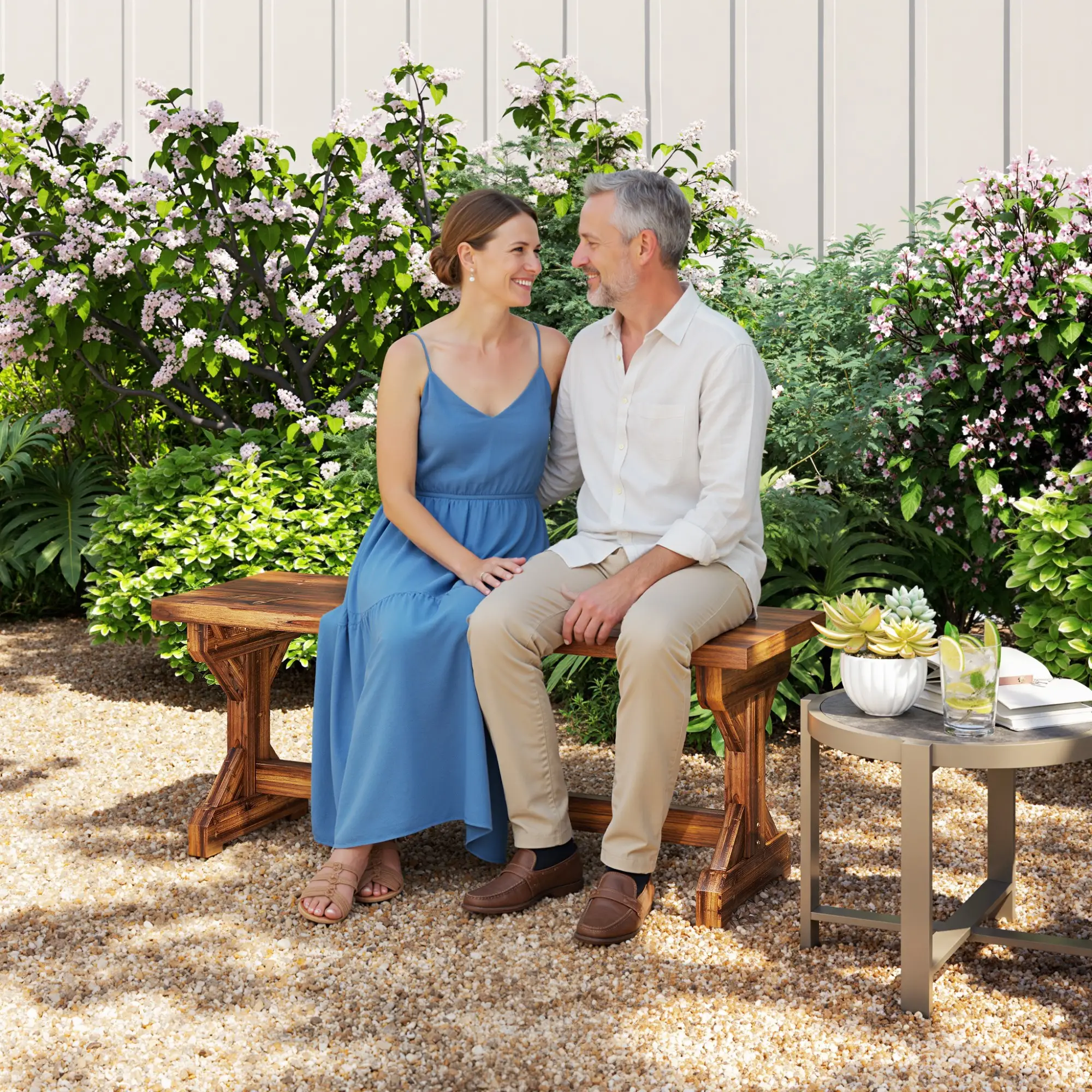 Rustic Wooden Bench, Backless Garden Patio Loveseat, Carbonized - Image 2